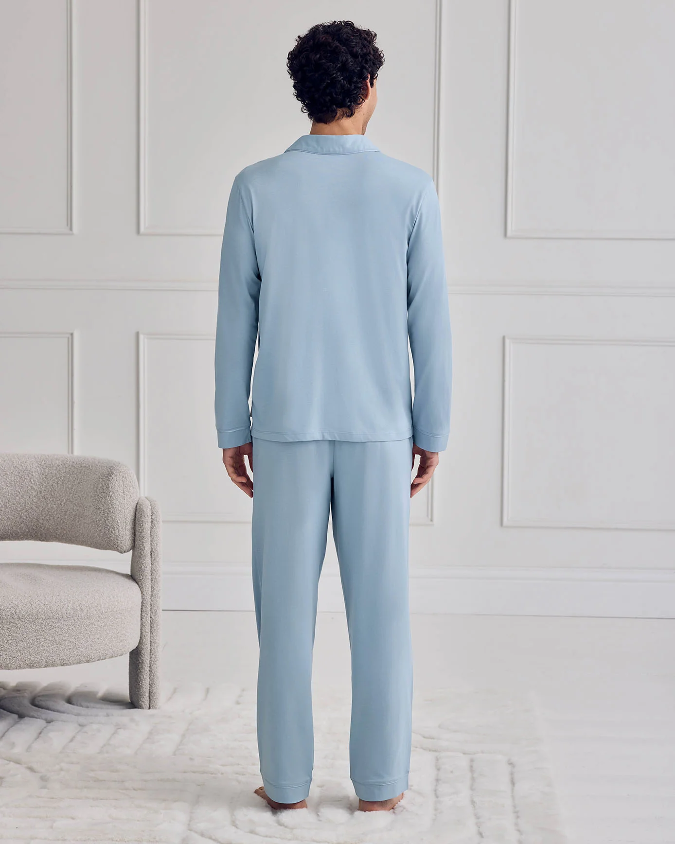 Mercerised Cotton Button Up Long Pyjama Set - Blue - Image 4