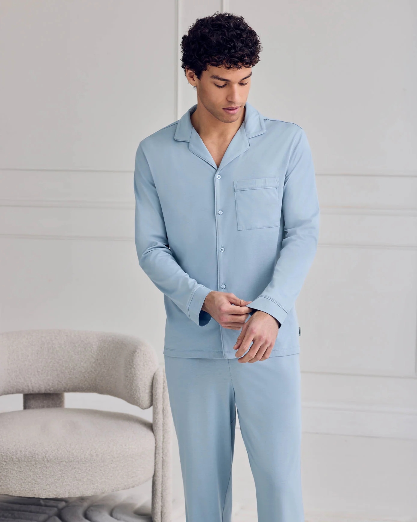 Mercerised Cotton Button Up Long Pyjama Set - Blue - Image 5