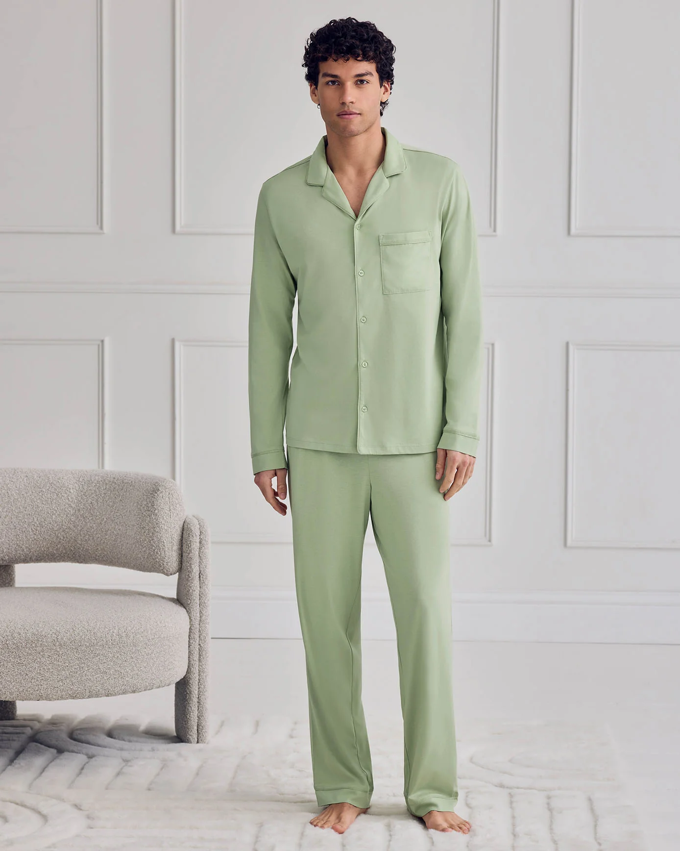 Mercerised Cotton Button Up Long Pyjama Set - Green