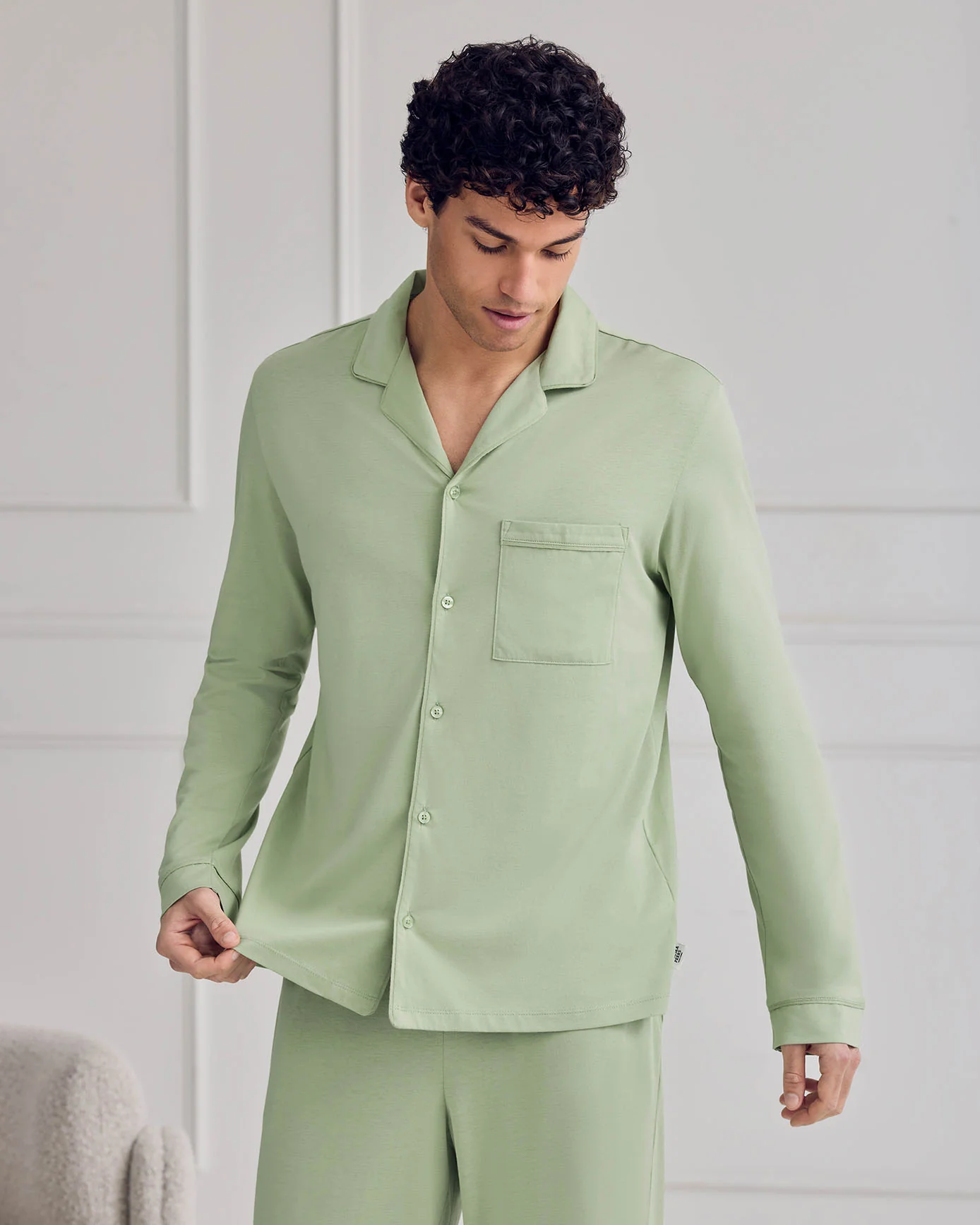 Mercerised Cotton Button Up Long Pyjama Set - Green - Image 2