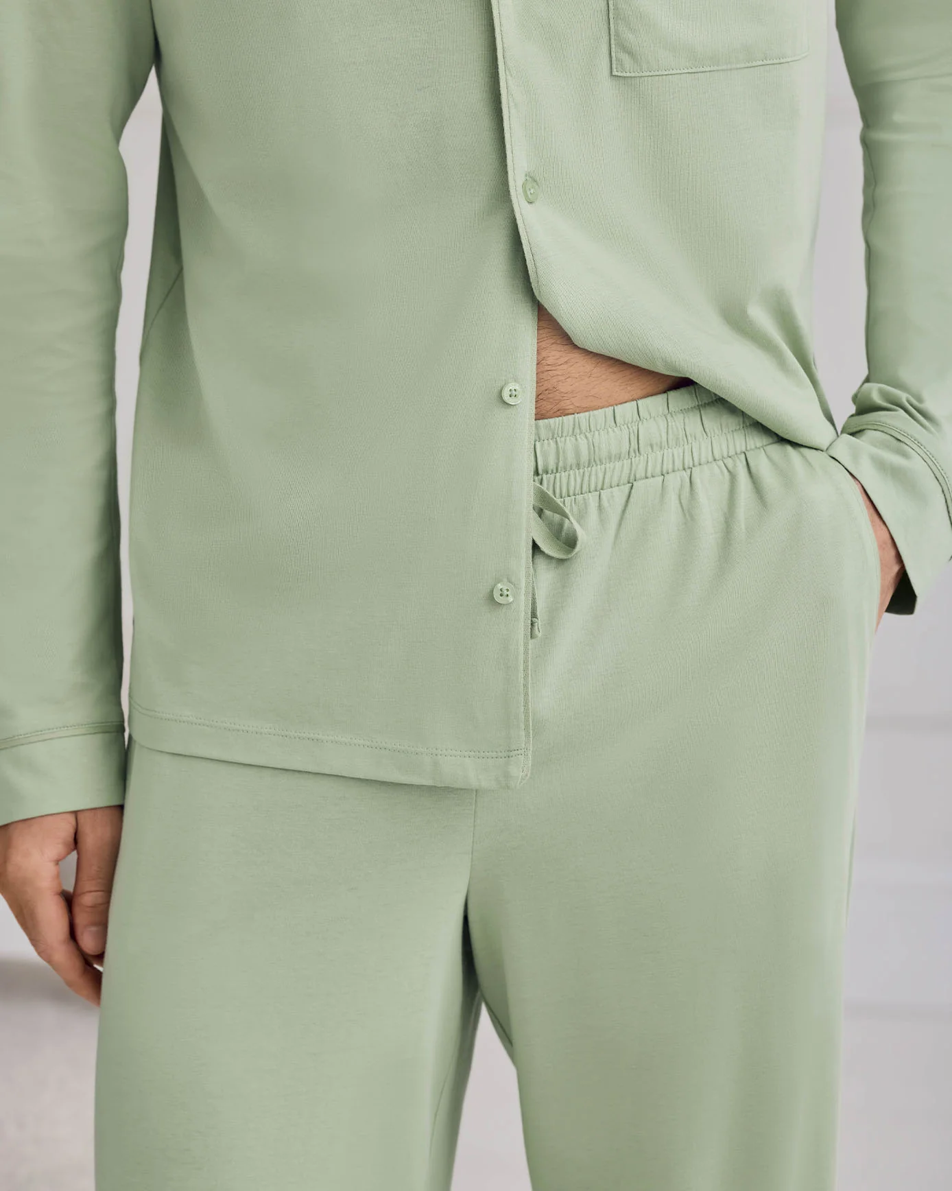 Mercerised Cotton Button Up Long Pyjama Set - Green - Image 3