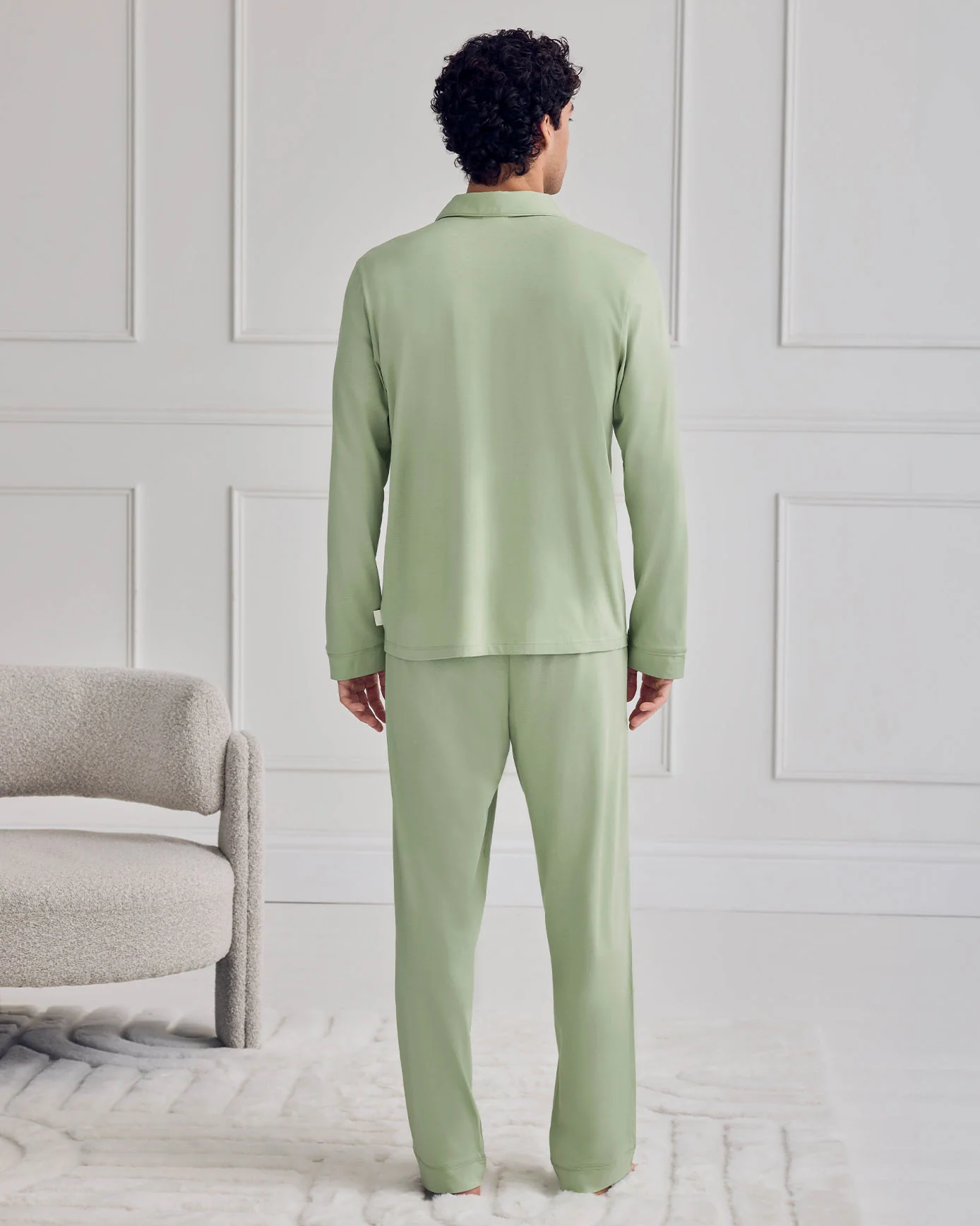 Mercerised Cotton Button Up Long Pyjama Set - Green - Image 4