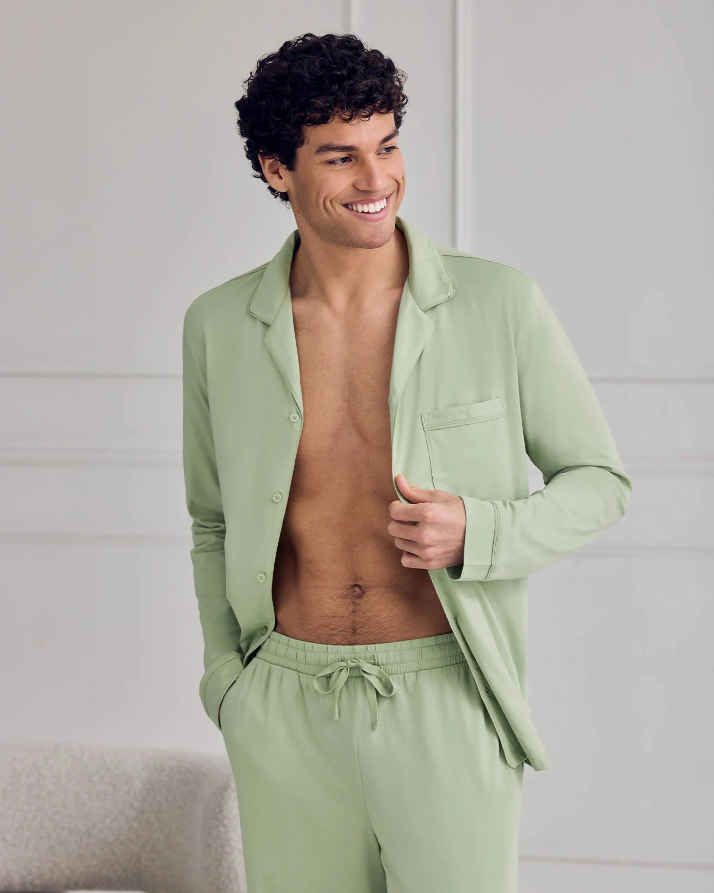 Mercerised Cotton Button Up Long Pyjama Set - Green - Image 5