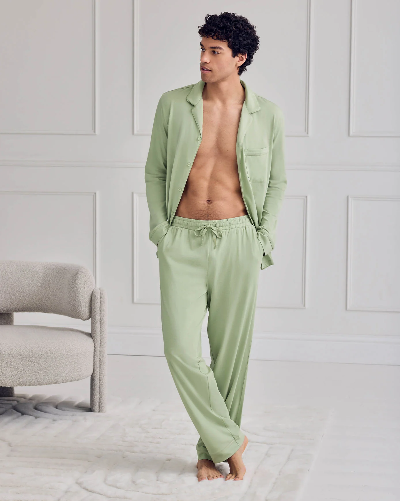 Mercerised Cotton Button Up Long Pyjama Set - Green - Image 6