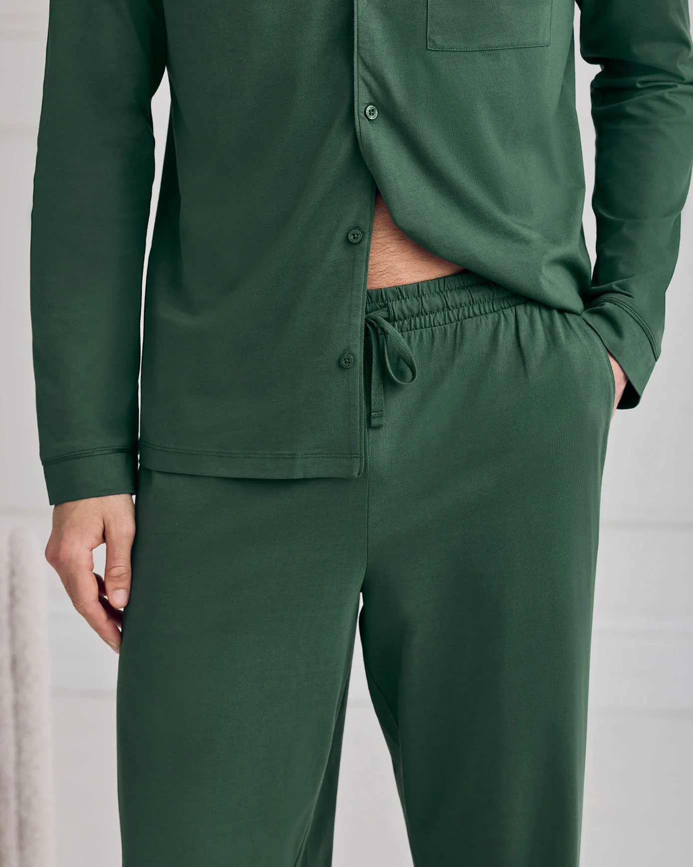 Mercerised Cotton Button Up Long Pyjama Set - Hunter Green - Image 3