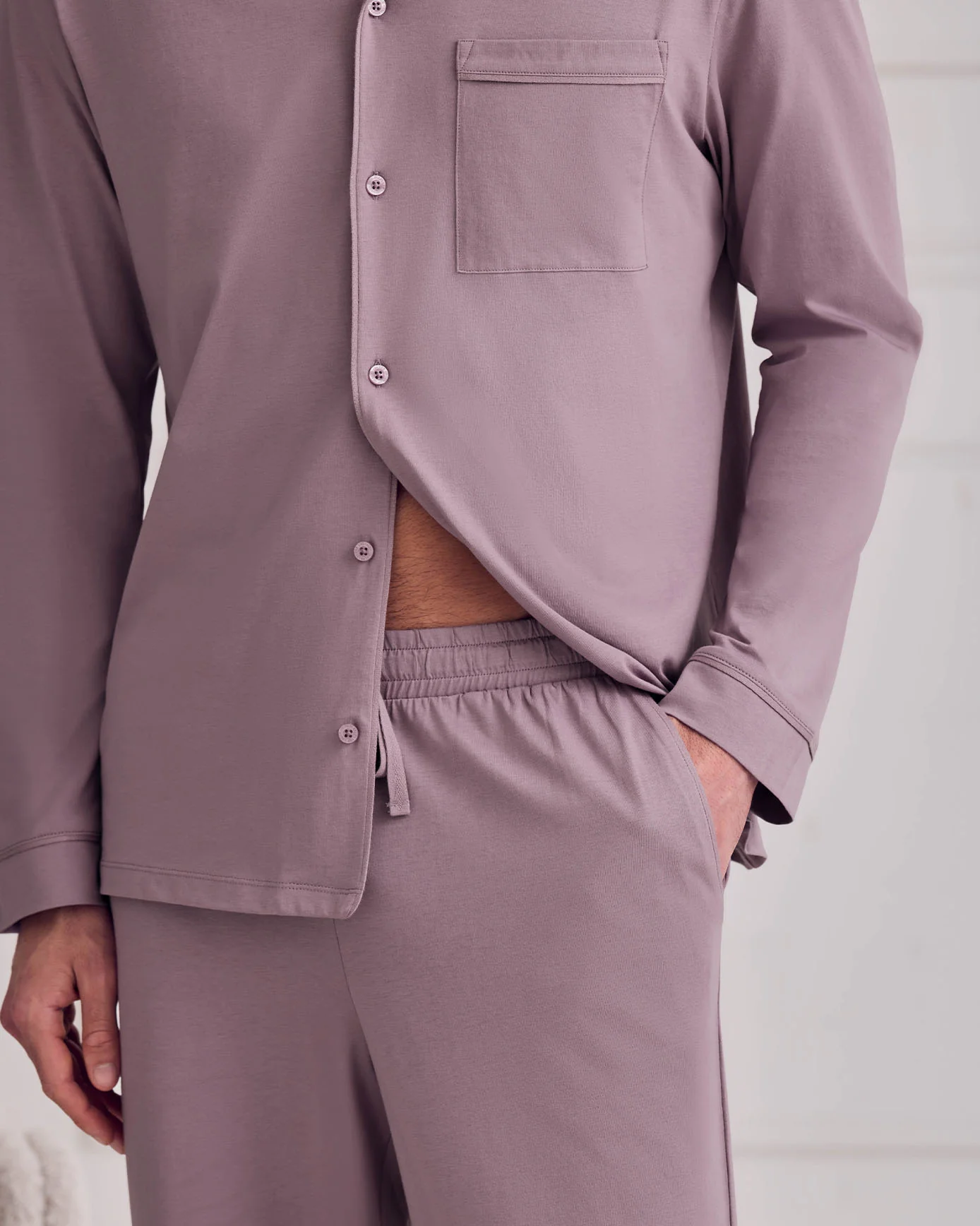 Mercerised Cotton Button Up Long Pyjama Set - Mauve - Image 3