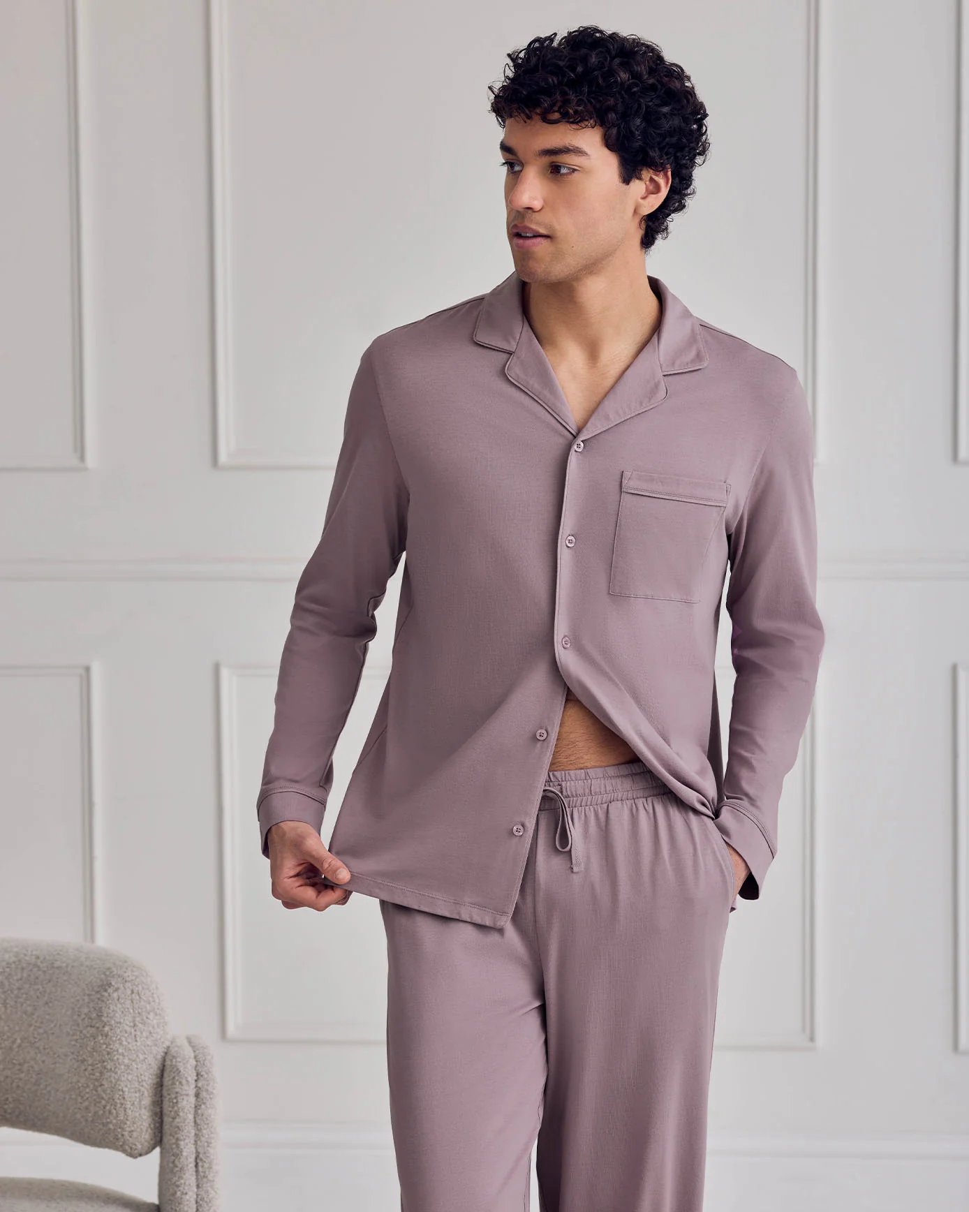 Mercerised Cotton Button Up Long Pyjama Set - Mauve - Image 5
