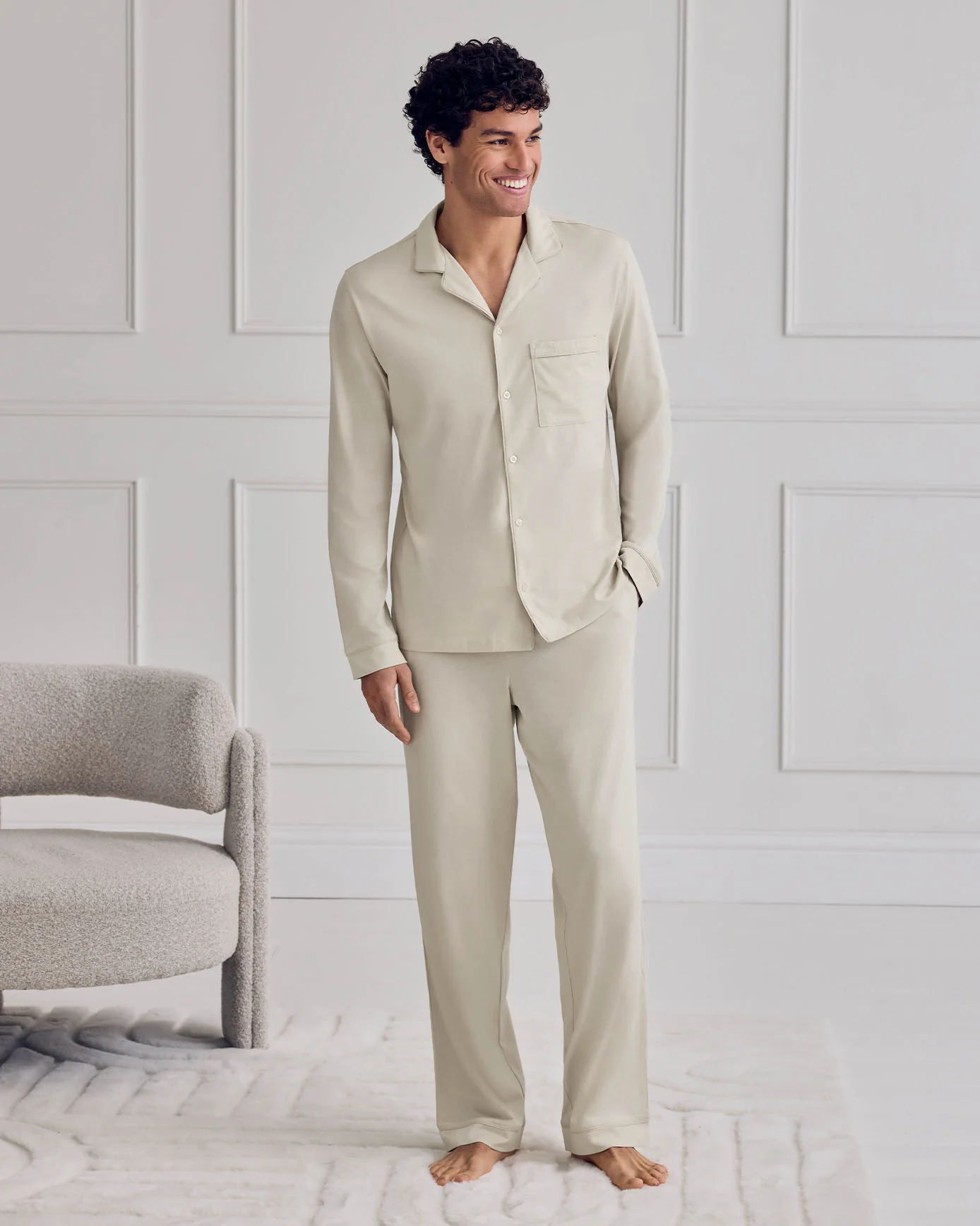 Mercerised Cotton Button Up Long Pyjama Set - Natural