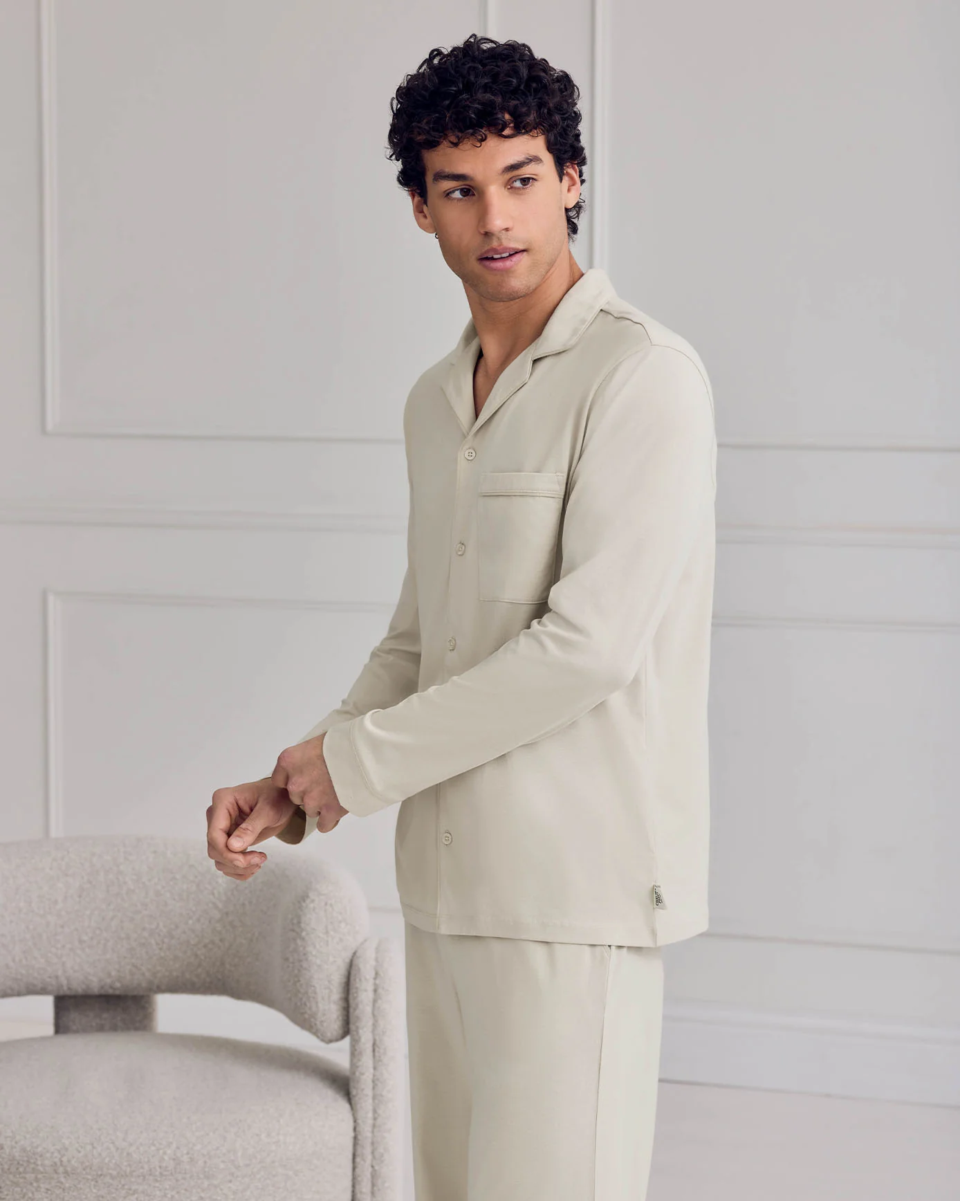 Mercerised Cotton Button Up Long Pyjama Set - Natural - Image 2