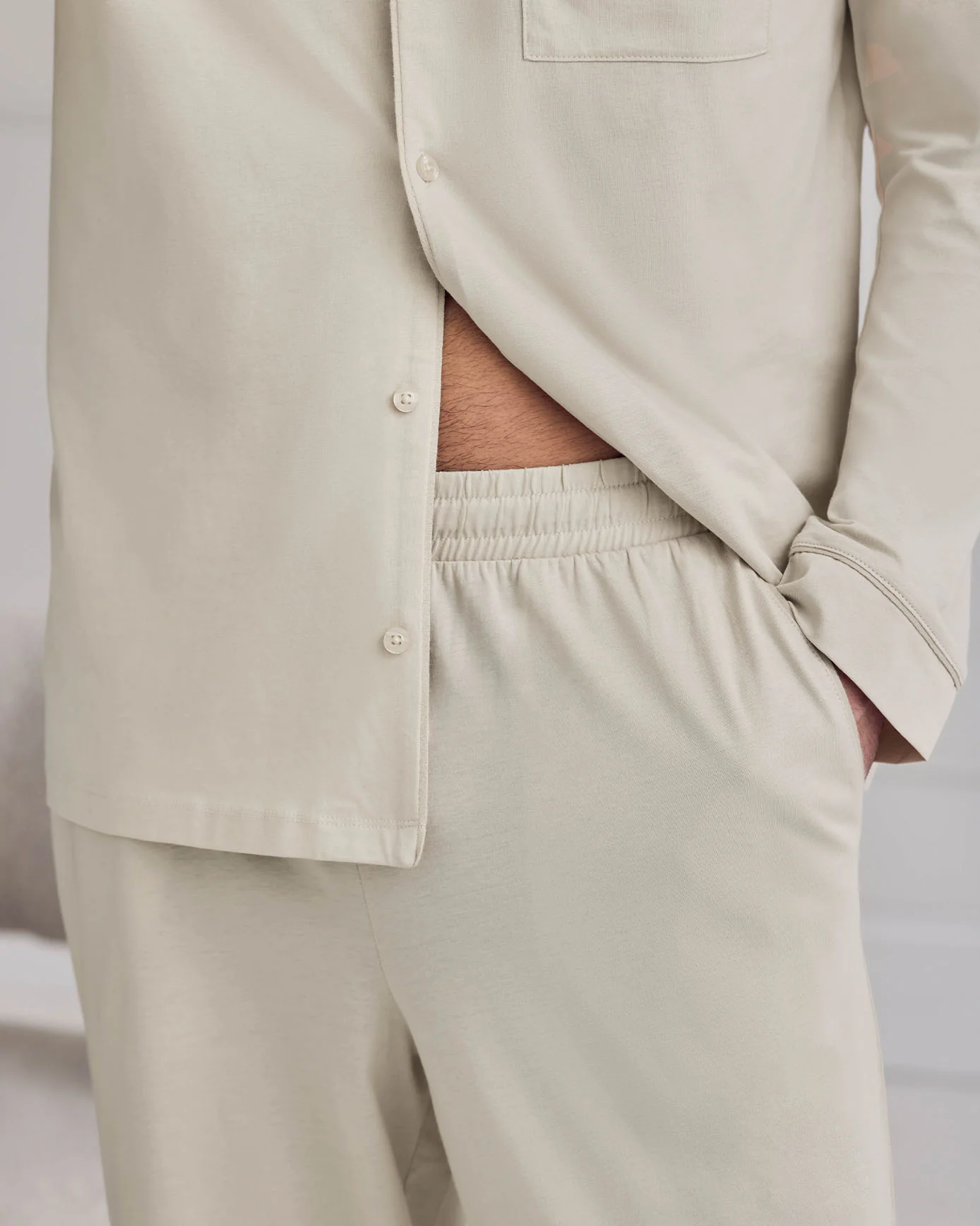 Mercerised Cotton Button Up Long Pyjama Set - Natural - Image 3