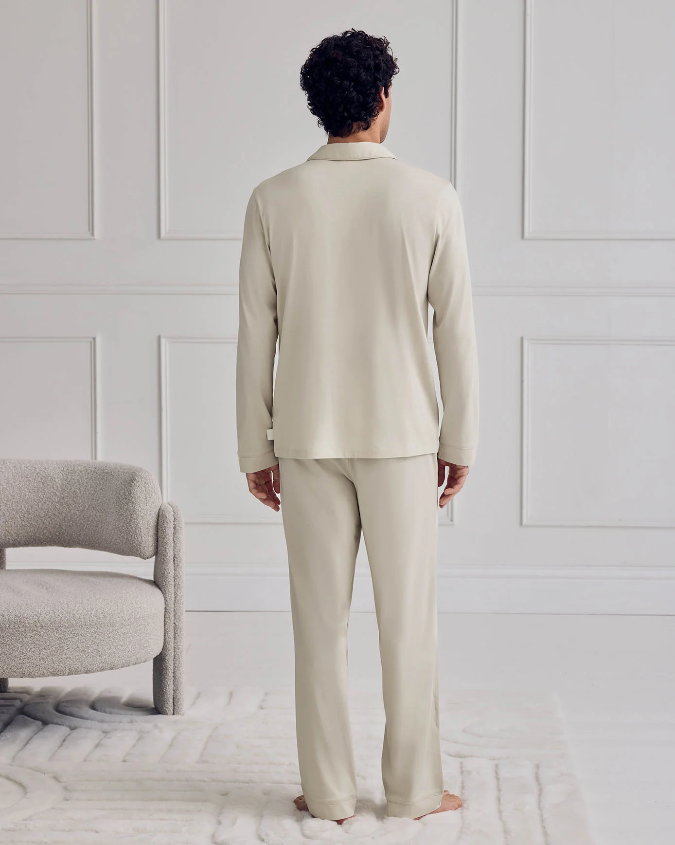 Mercerised Cotton Button Up Long Pyjama Set - Natural - Image 4