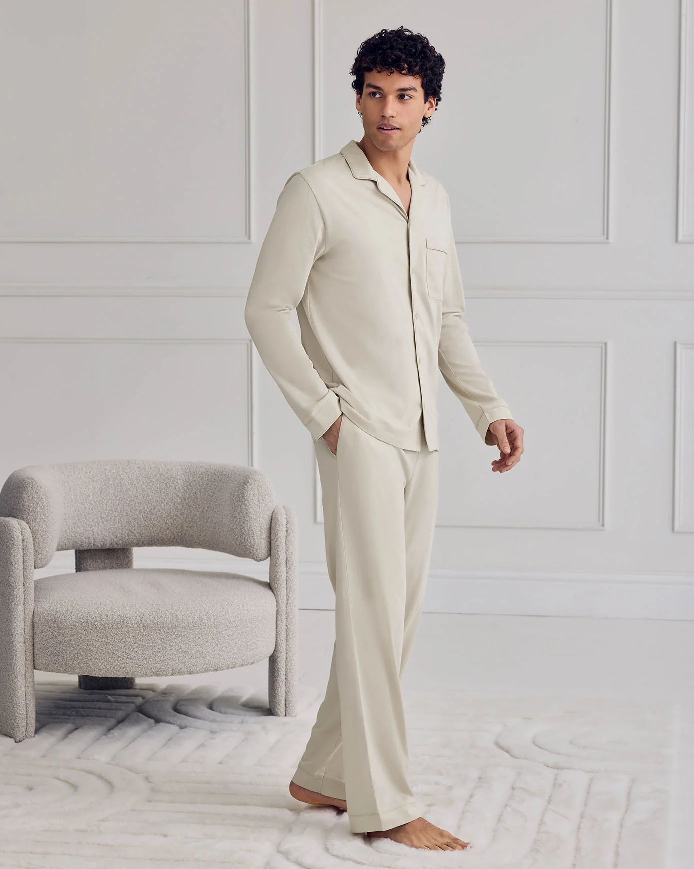 Mercerised Cotton Button Up Long Pyjama Set - Natural - Image 5