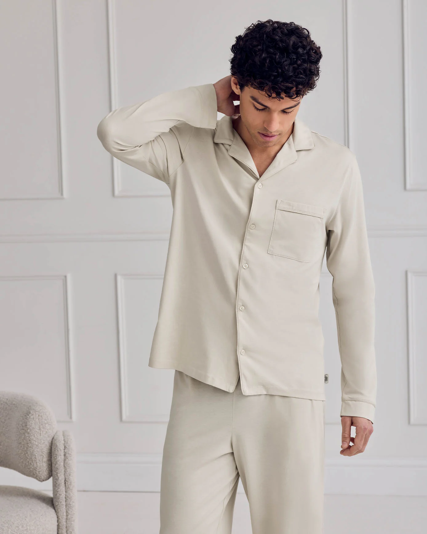 Mercerised Cotton Button Up Long Pyjama Set - Natural - Image 6