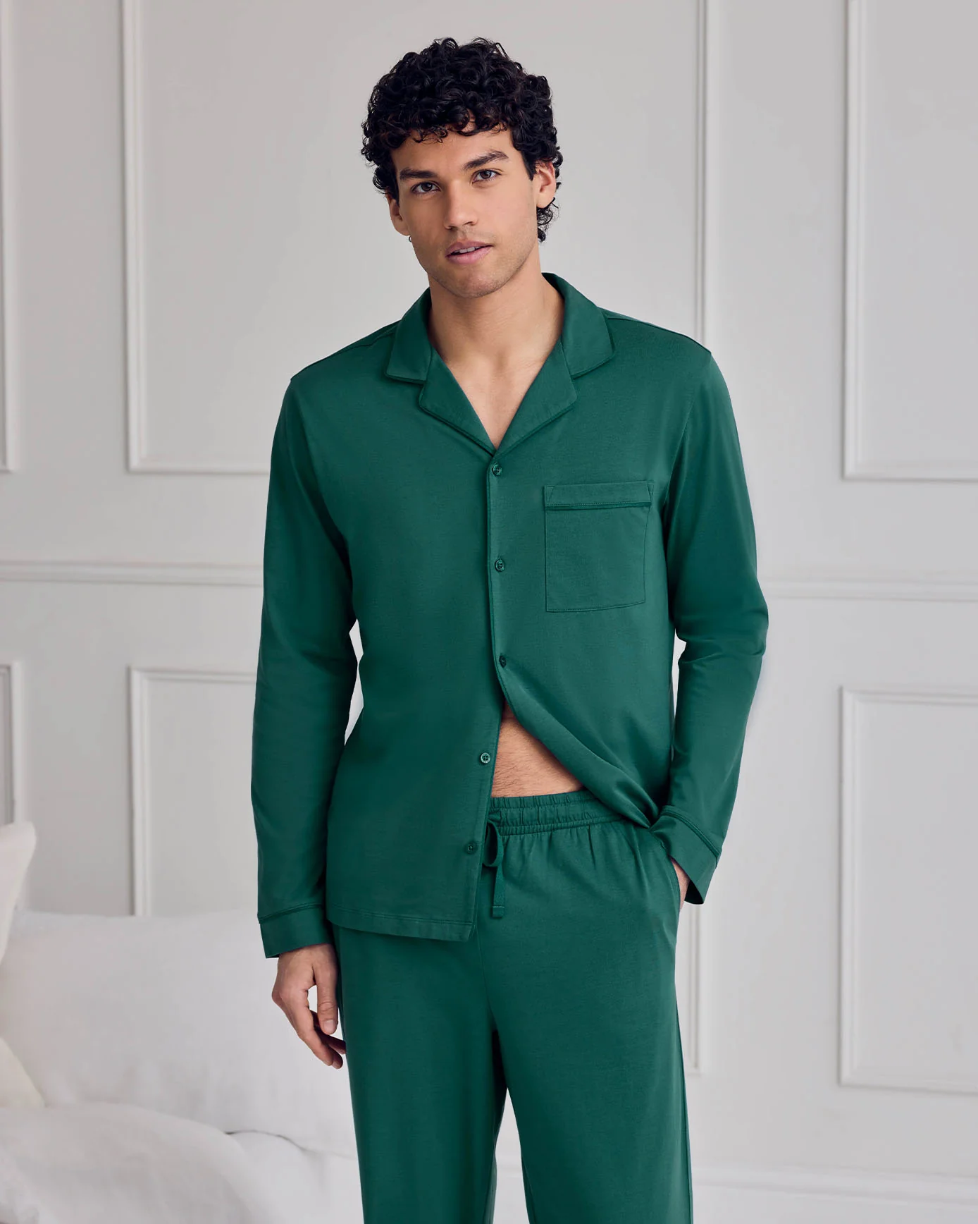 Mercerised Cotton Button Up Long Pyjama Set - Teal - Image 2