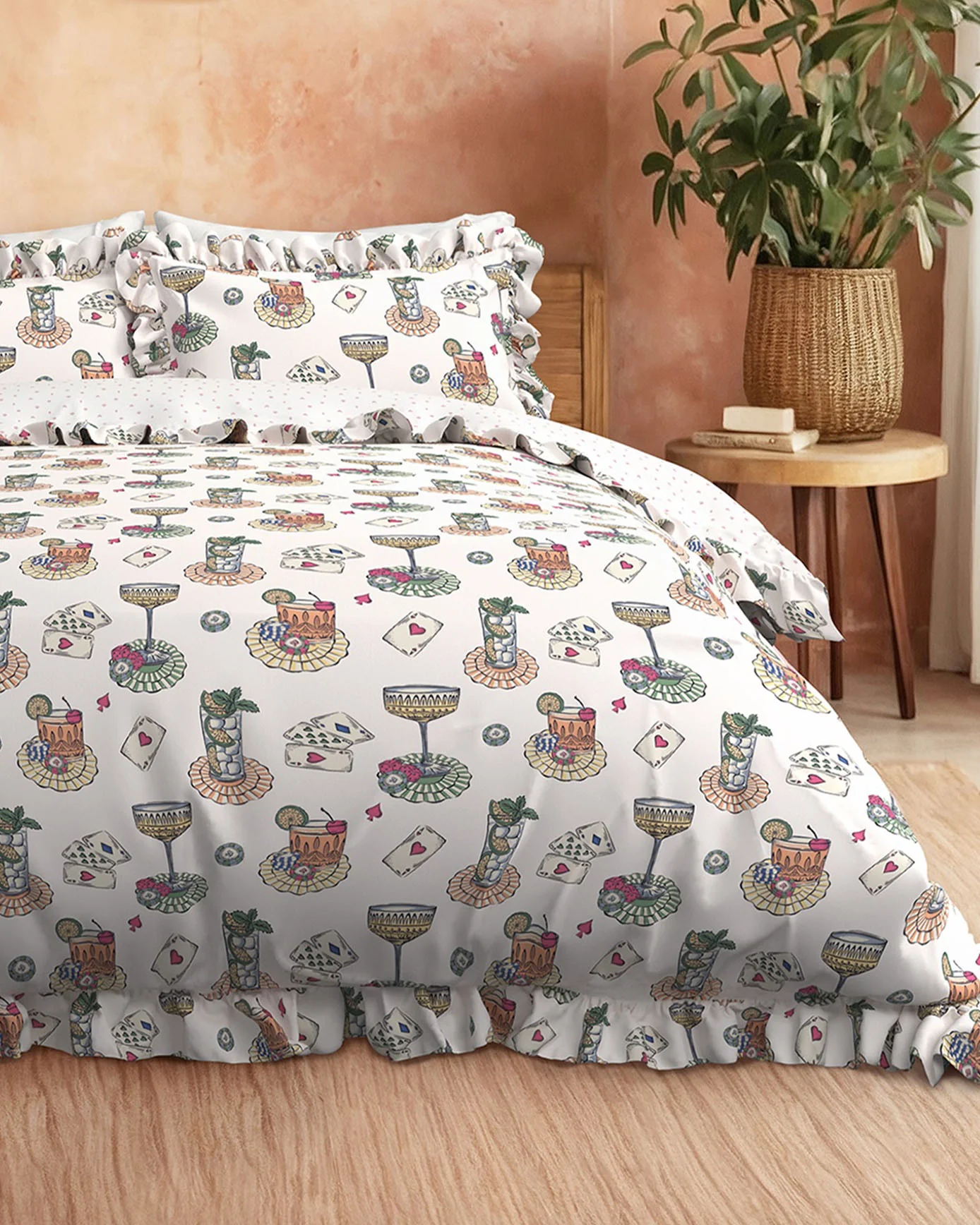 Cotton Cocktails & Cards Print Reversible Frill Bedding Set - Image 3