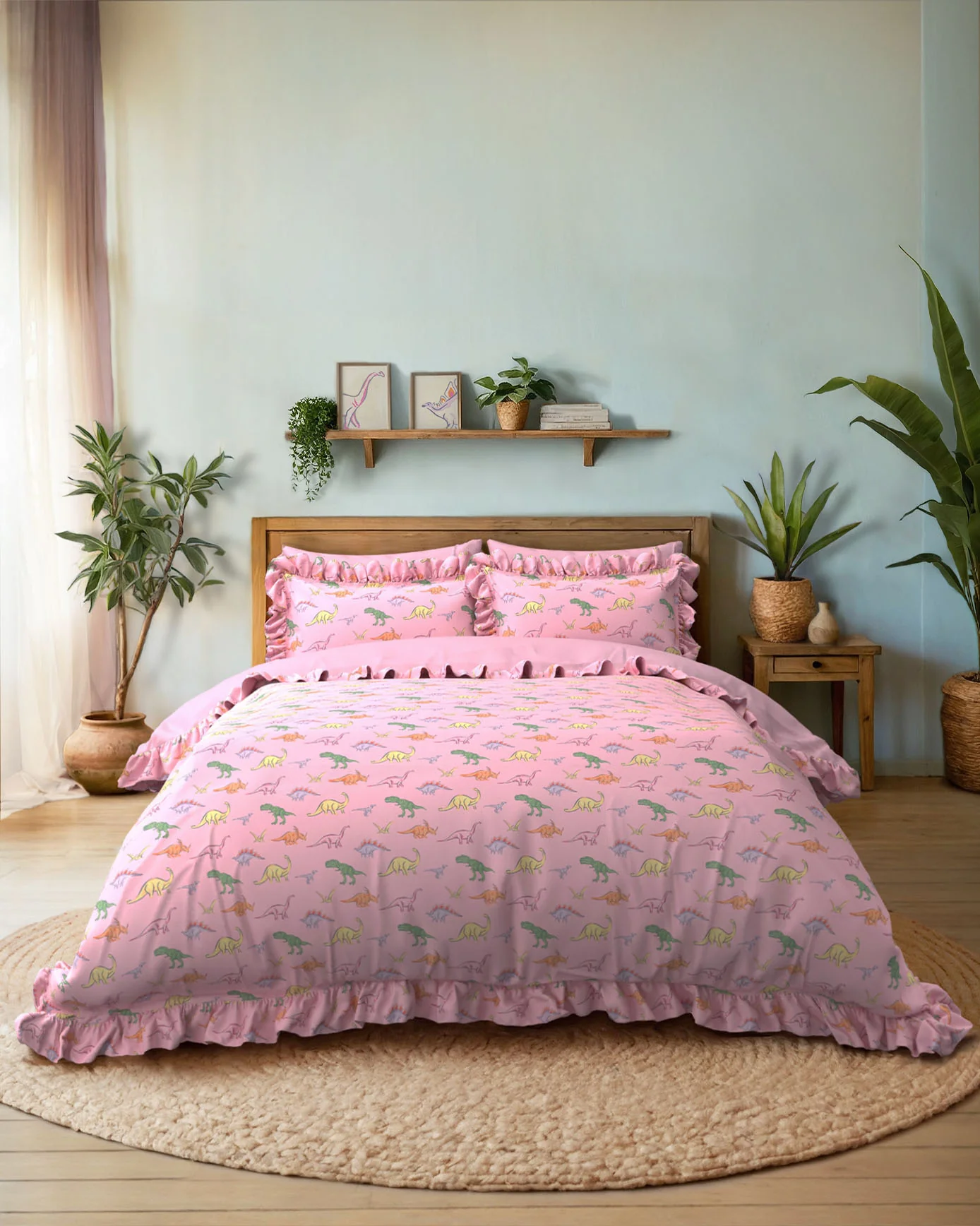 Cotton Dinosaur Print Reversible Frill Bedding Set