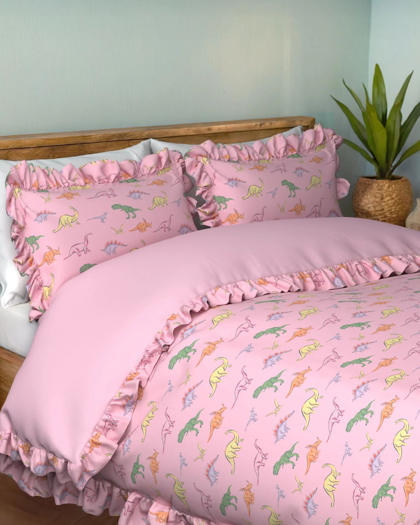 Cotton Dinosaur Print Reversible Frill Bedding Set - Image 2