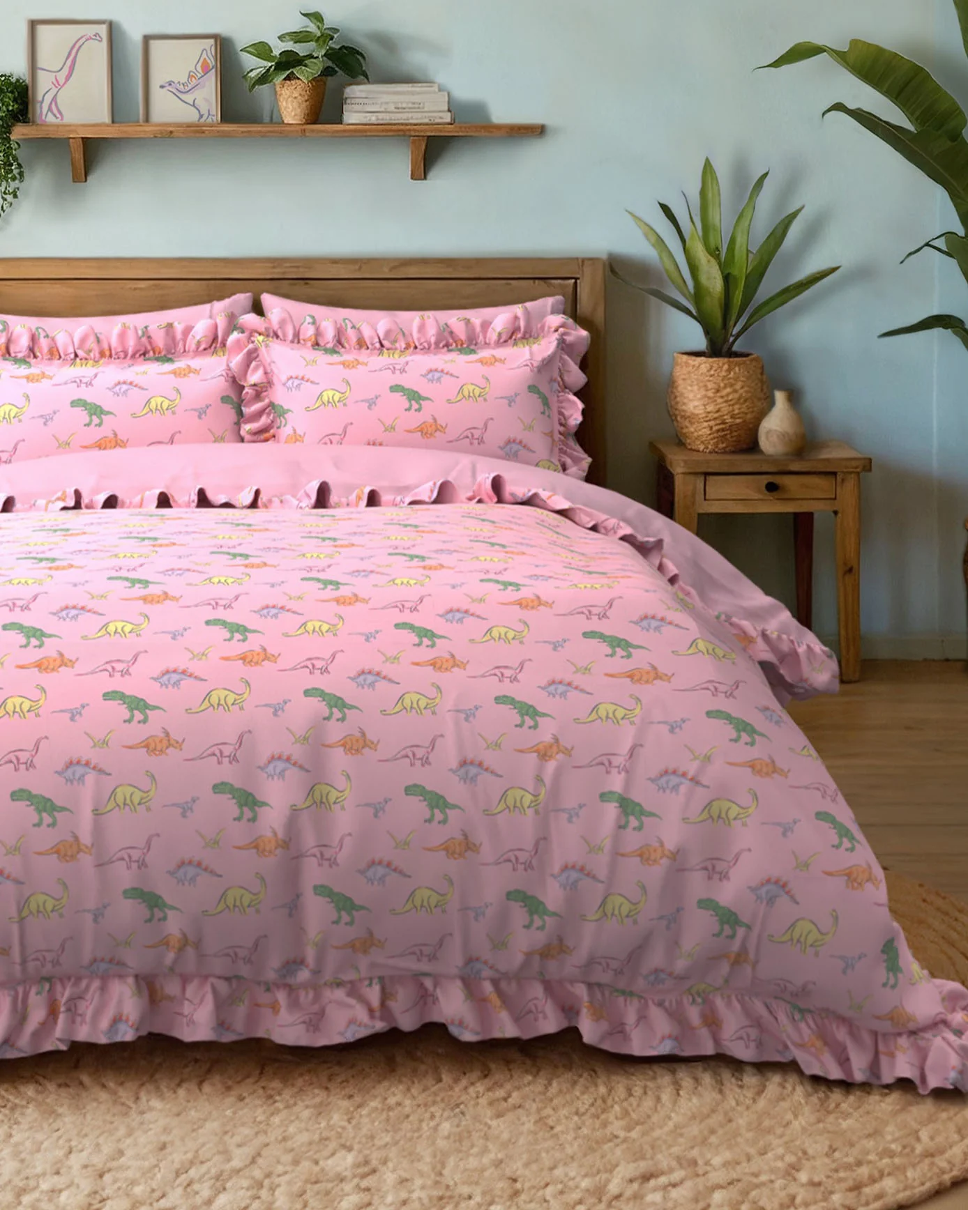 Cotton Dinosaur Print Reversible Frill Bedding Set - Image 3