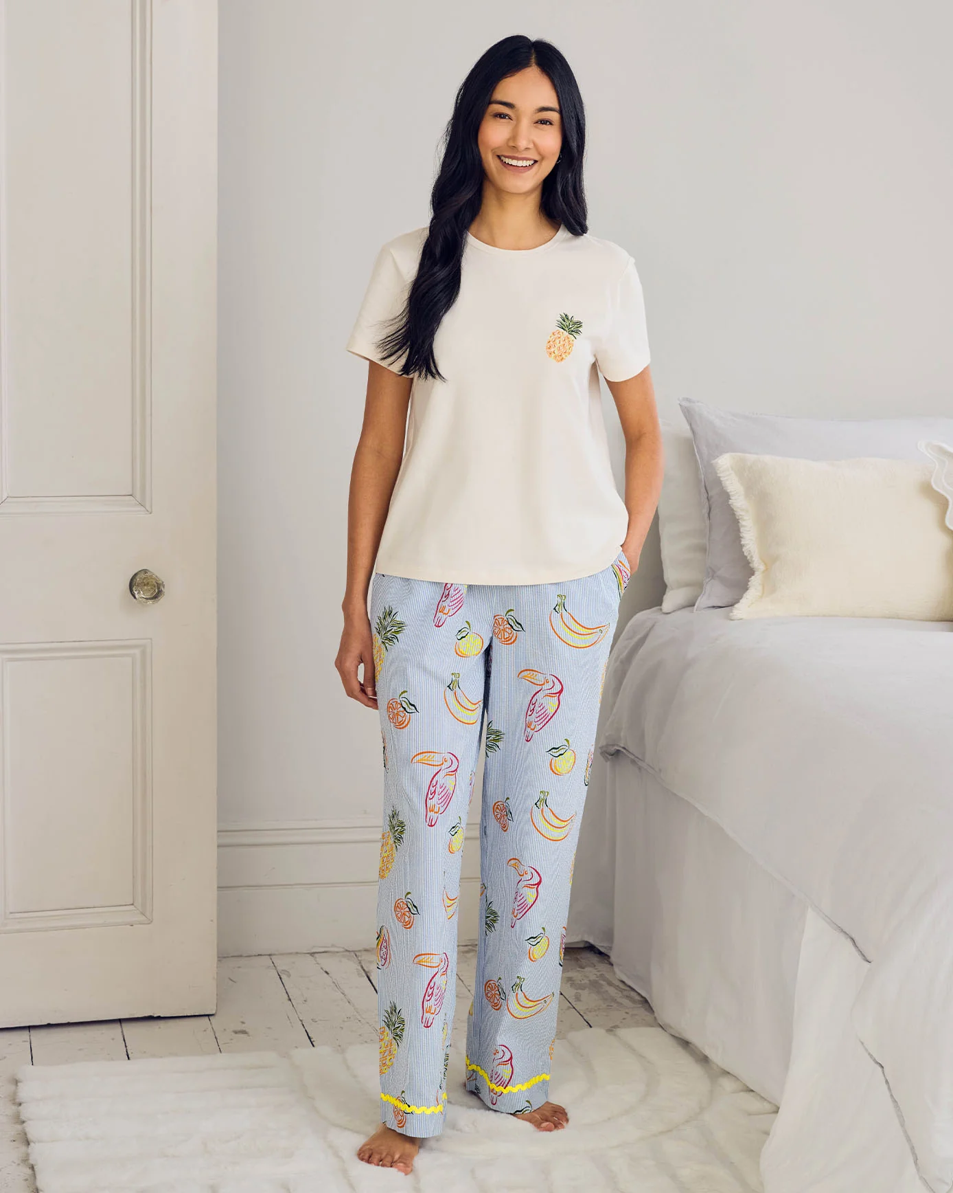 Seersucker Cotton Embroidered Toucan & Fruit Stripe Long Pyjama Set - Image 2
