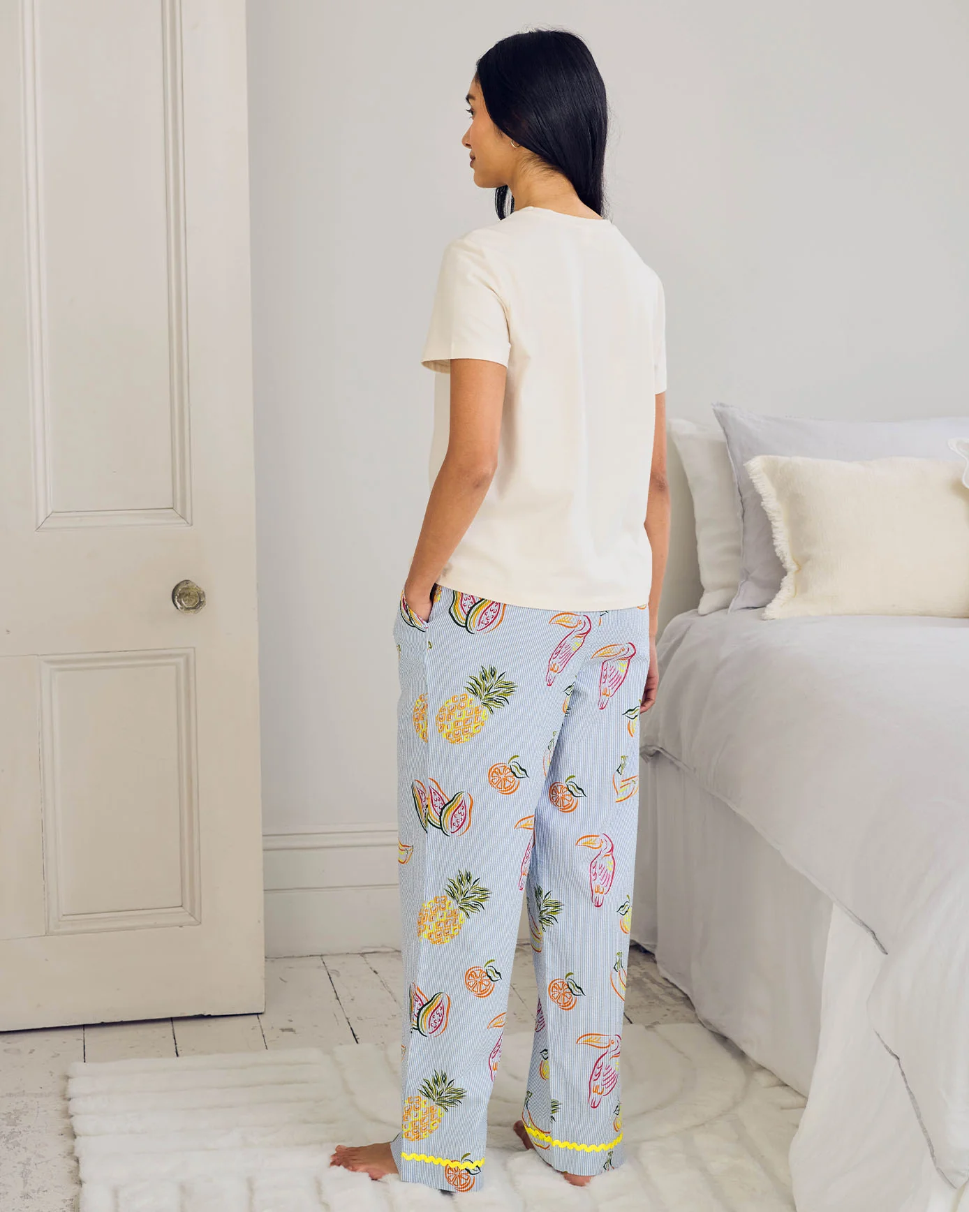 Seersucker Cotton Embroidered Toucan & Fruit Stripe Long Pyjama Set - Image 4
