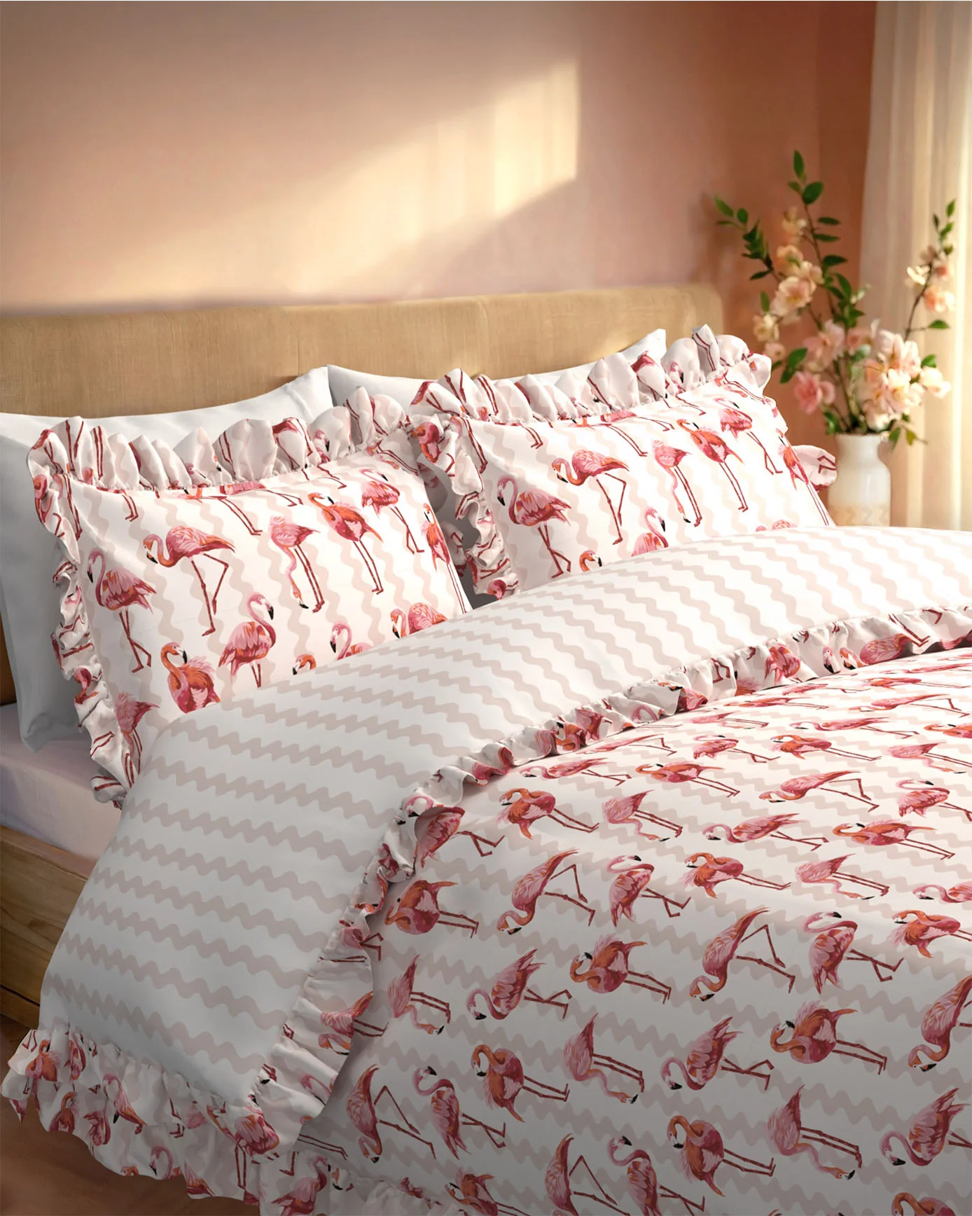 Cotton Flamingo Stripe Print Reversible Frill Bedding Set - Image 2