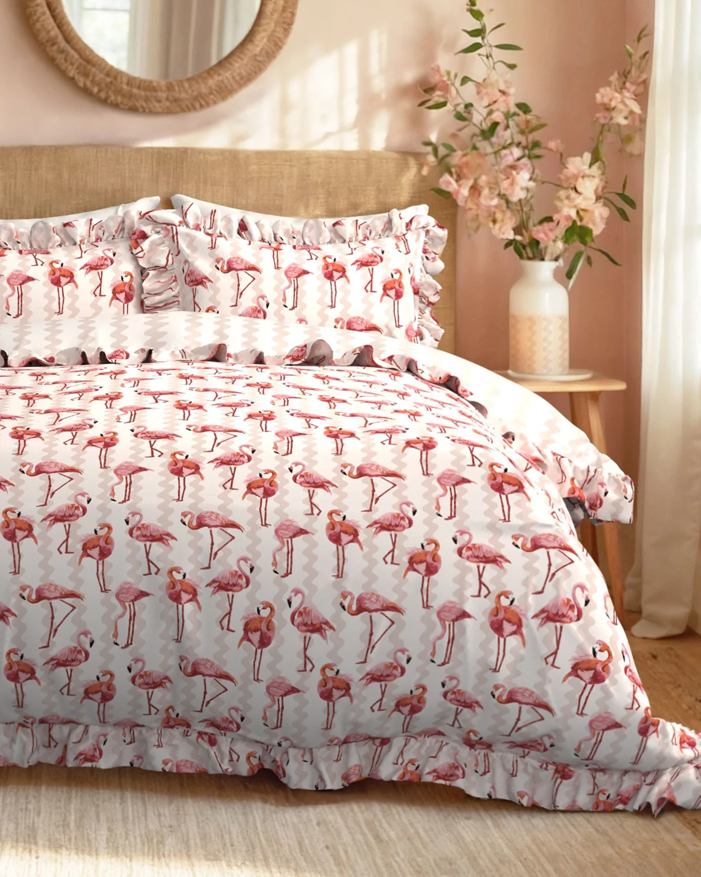Cotton Flamingo Stripe Print Reversible Frill Bedding Set - Image 3