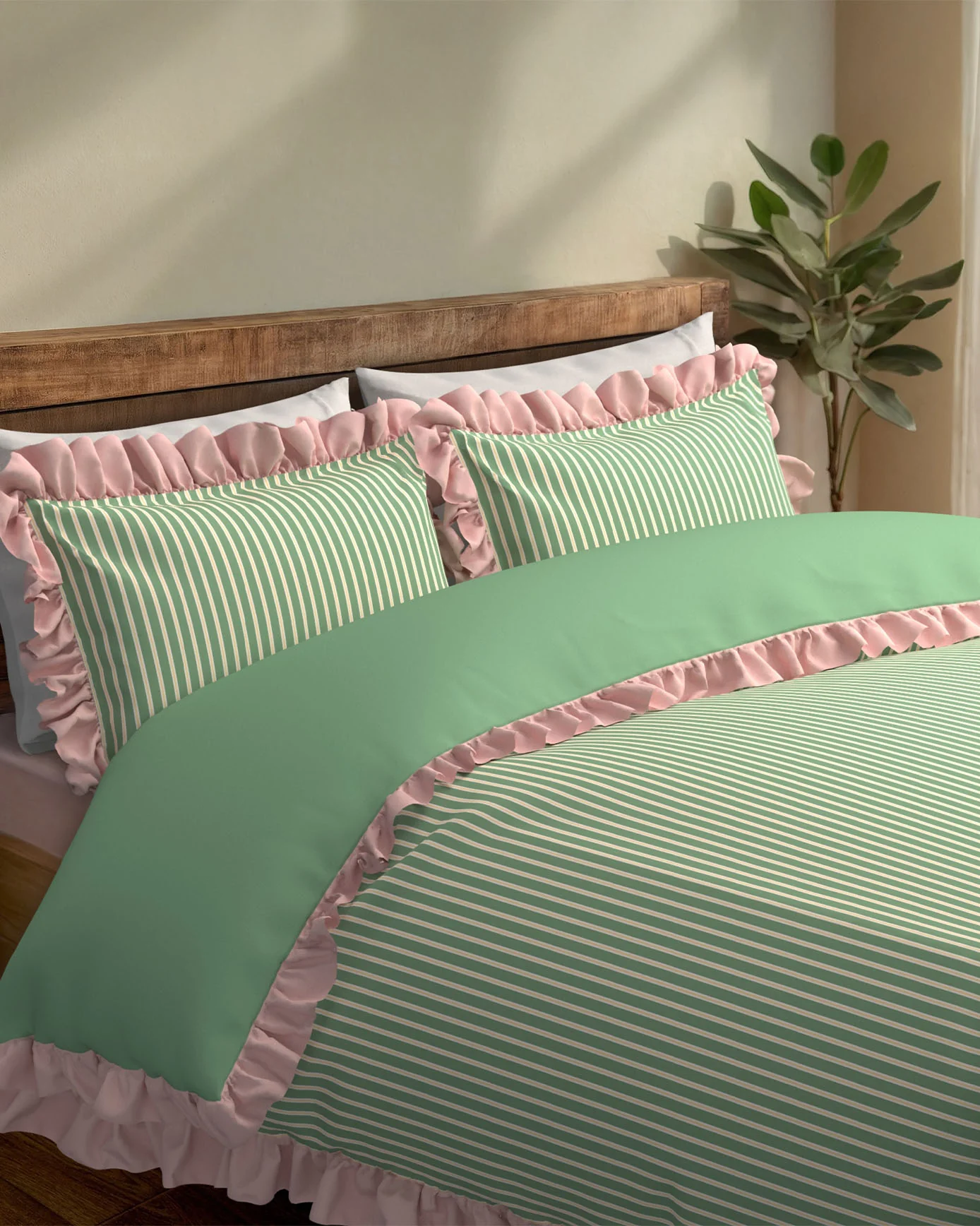 Cotton Garden Stripe Reversible Frill Bedding Set - Green & White - Image 2