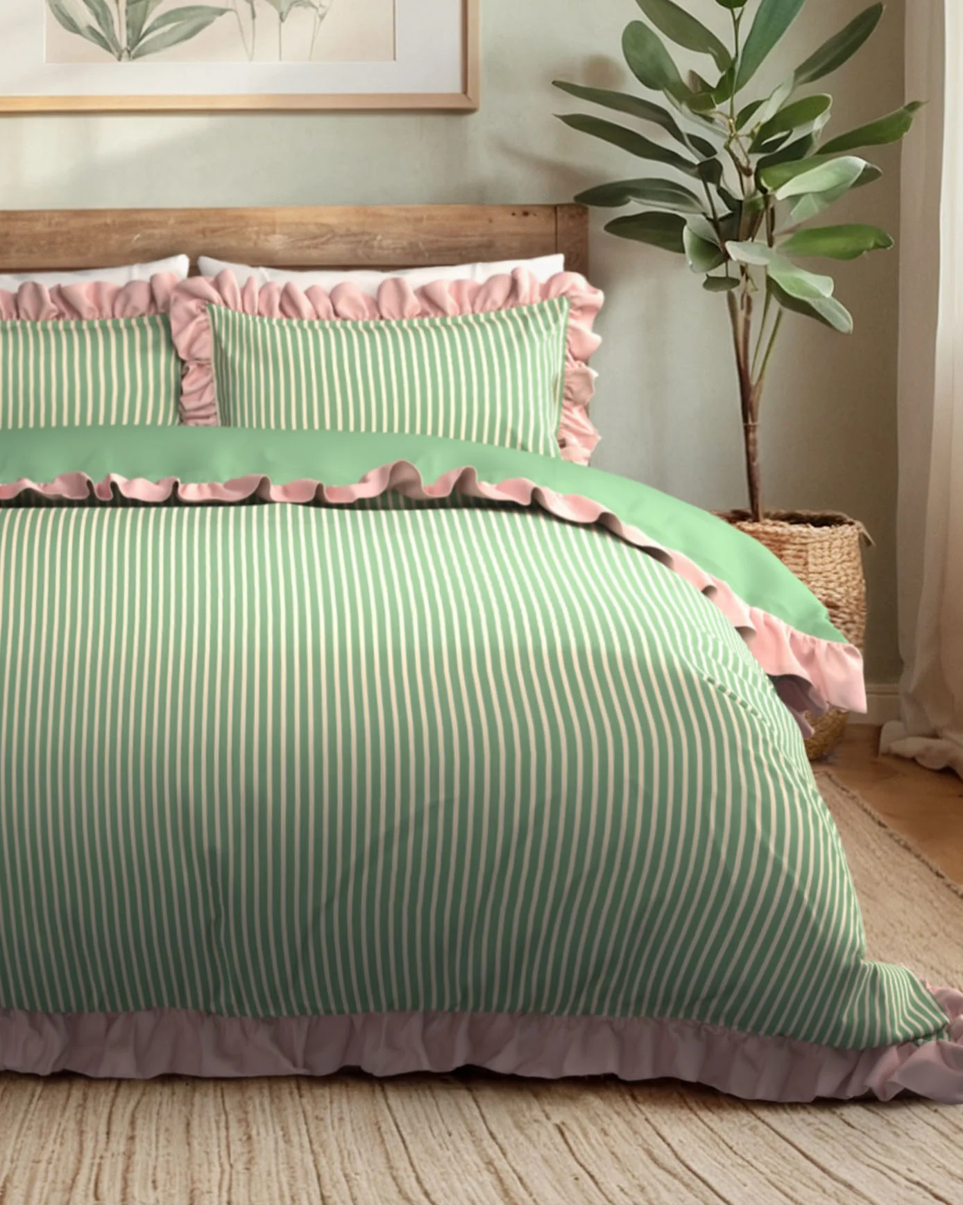 Cotton Garden Stripe Reversible Frill Bedding Set - Green & White - Image 3