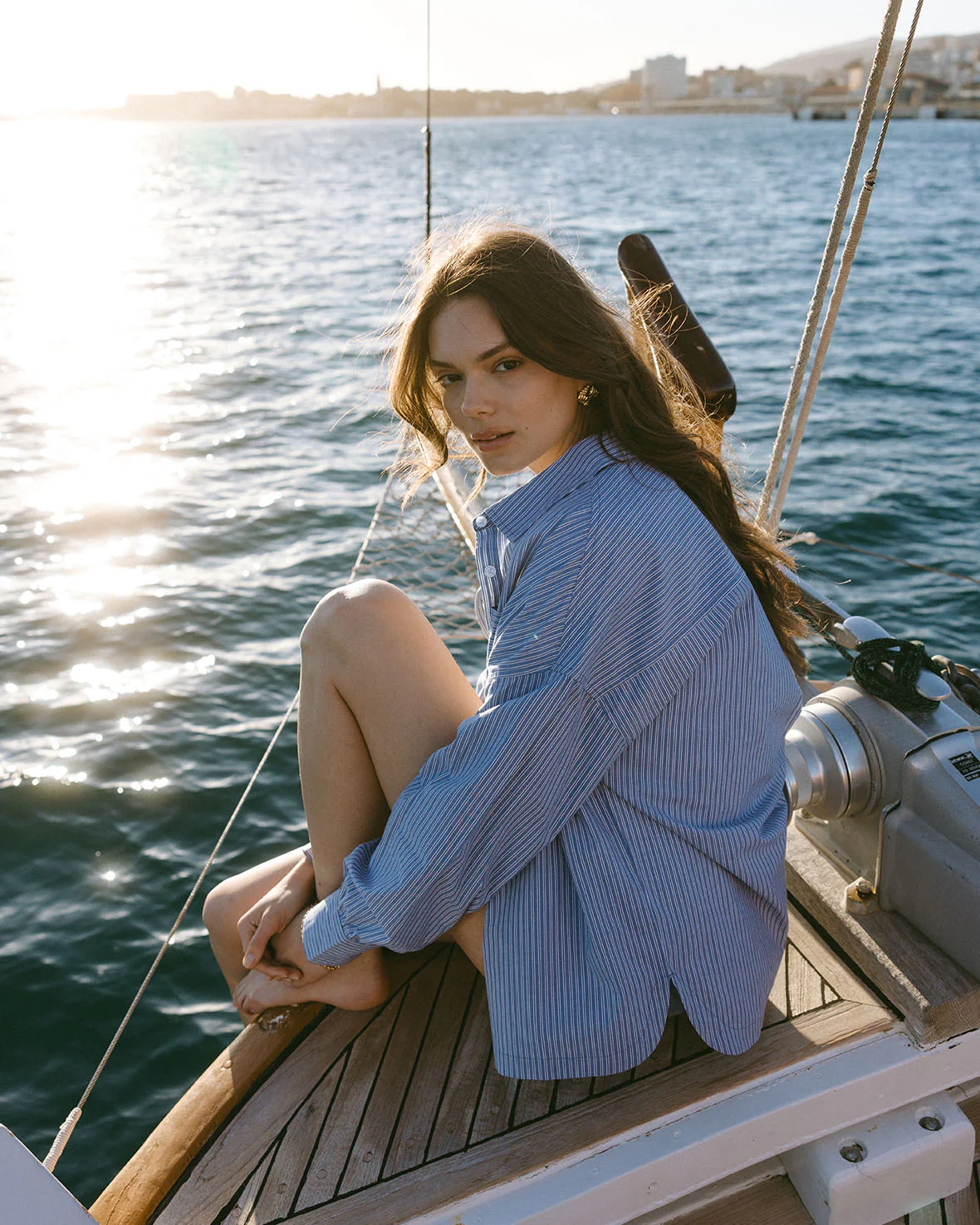 Cotton Poplin Stripe Boyfriend Shirt - Blue - Image 3
