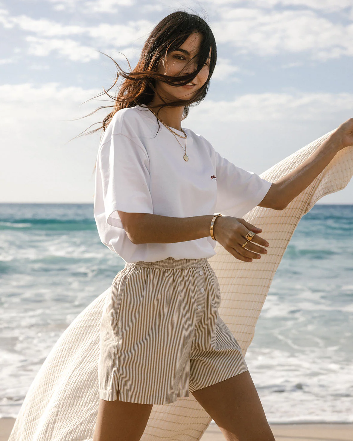 Cotton Poplin Stripe Shorts - Beige - Image 4