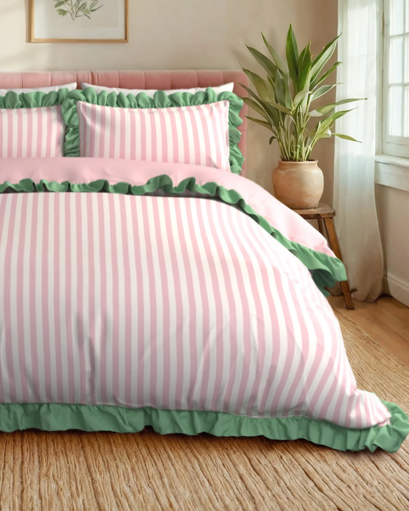 Cotton Stripe Reversible Frill Bedding Set - Pink & White - Image 3