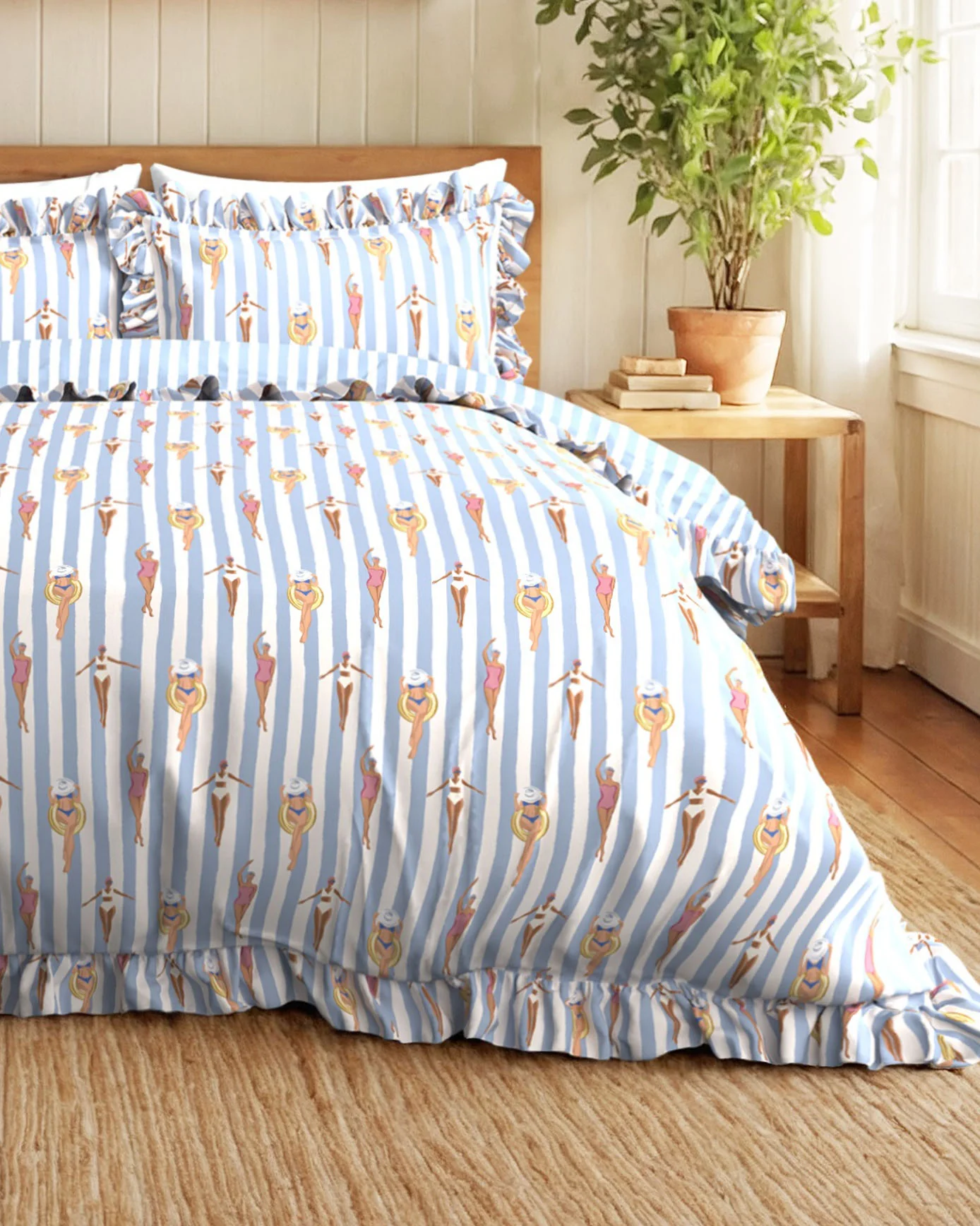 Cotton Swimming Society / Stripe Print Reversible Frill Bedding Set - Image 3