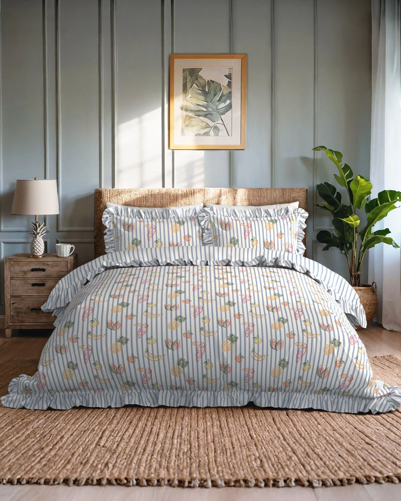 Cotton Toucan & Fruit Stripe Print Reversible Frill Bedding Set
