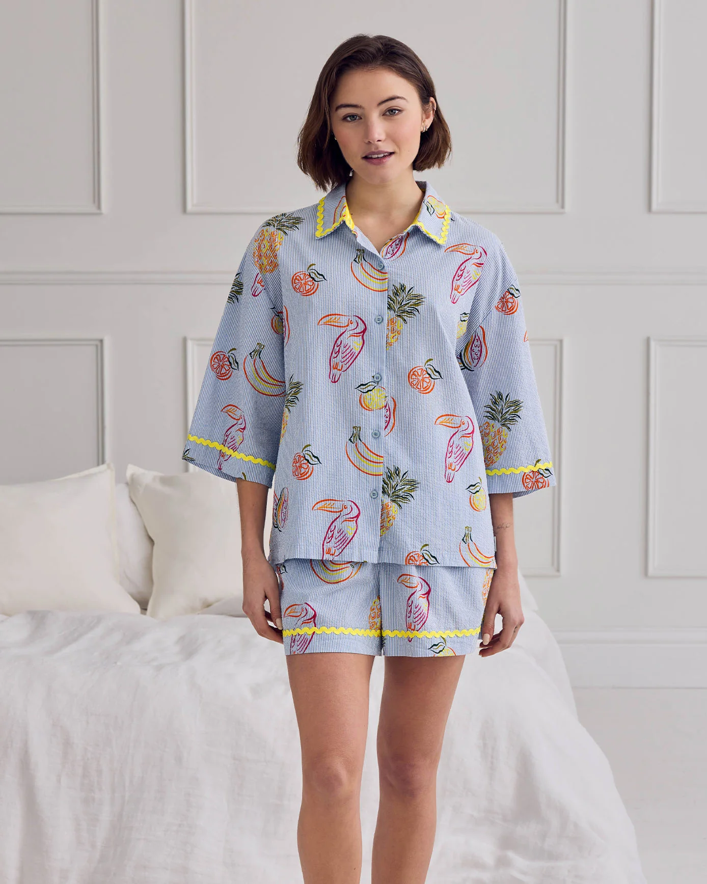 Seersucker Cotton Toucan & Fruit Stripe Print Short Pyjama Set - Image 2