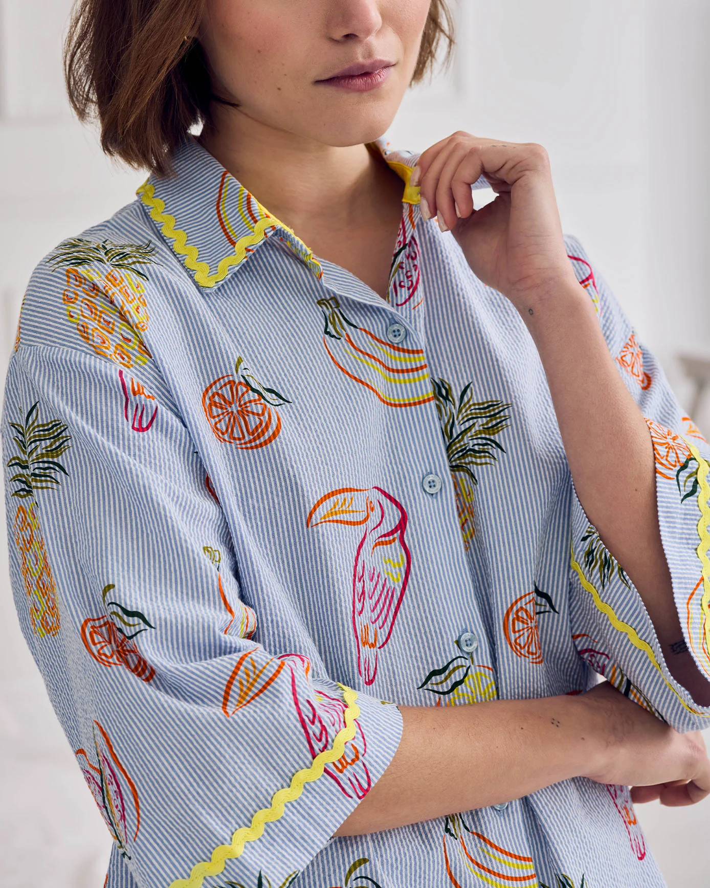 Seersucker Cotton Toucan & Fruit Stripe Print Short Pyjama Set - Image 3
