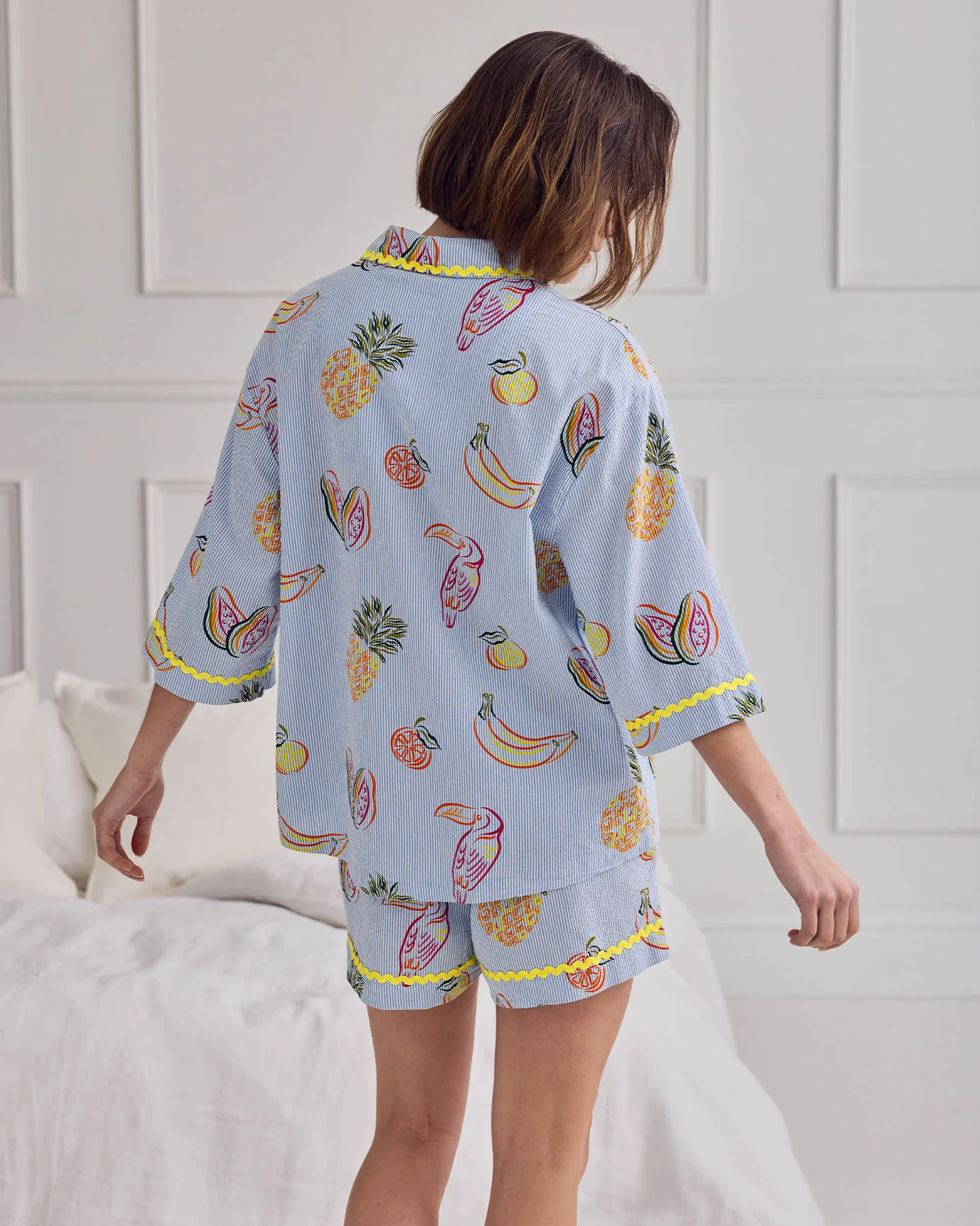 Seersucker Cotton Toucan & Fruit Stripe Print Short Pyjama Set - Image 5