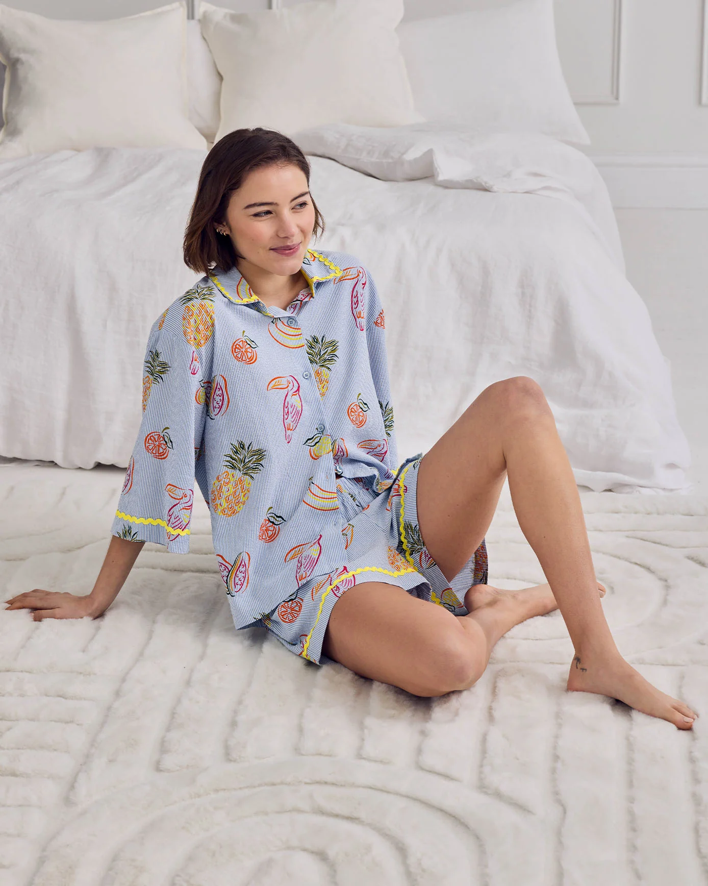 Seersucker Cotton Toucan & Fruit Stripe Print Short Pyjama Set - Image 6
