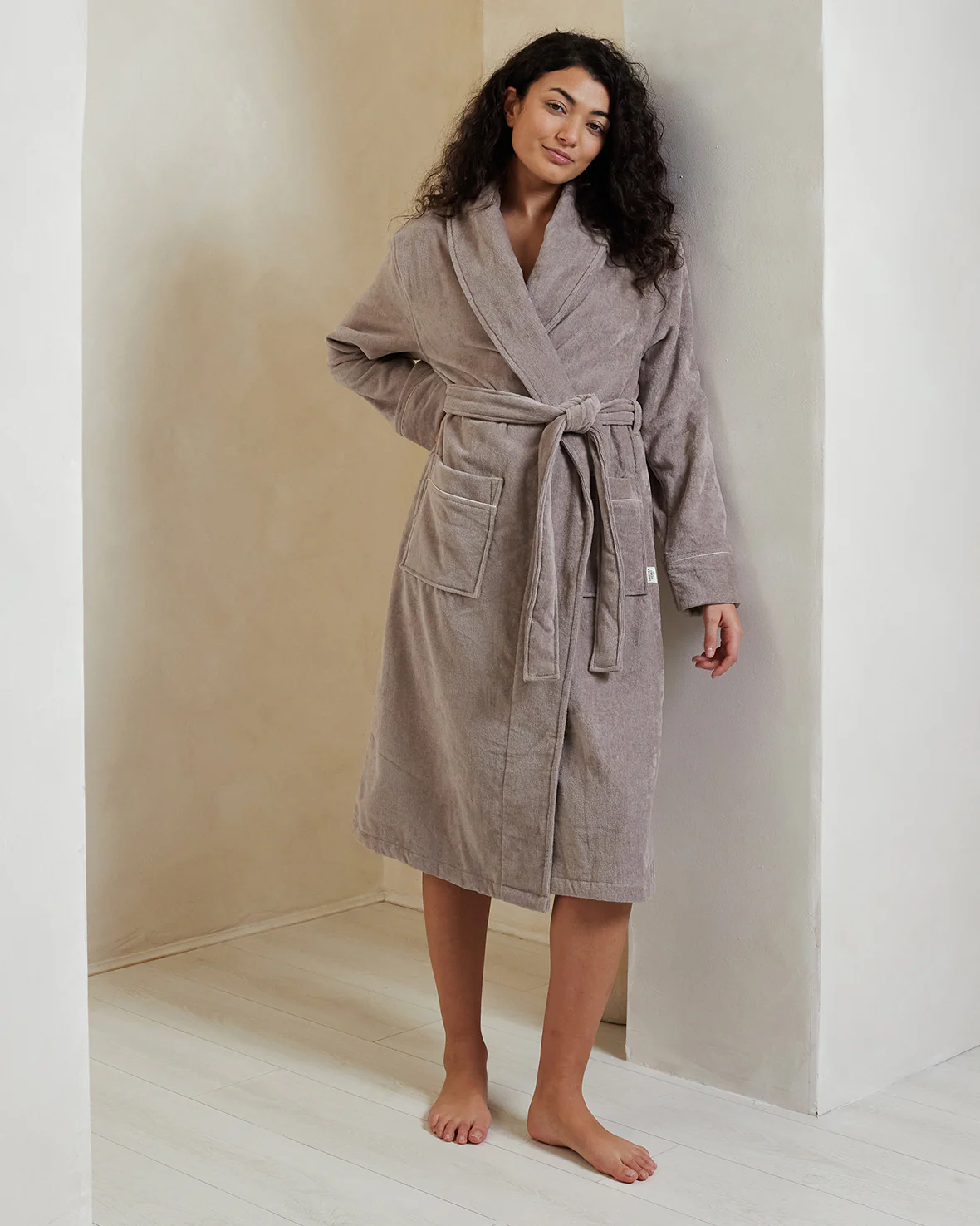 Cotton Towelling Dressing Gown - Grey Beige