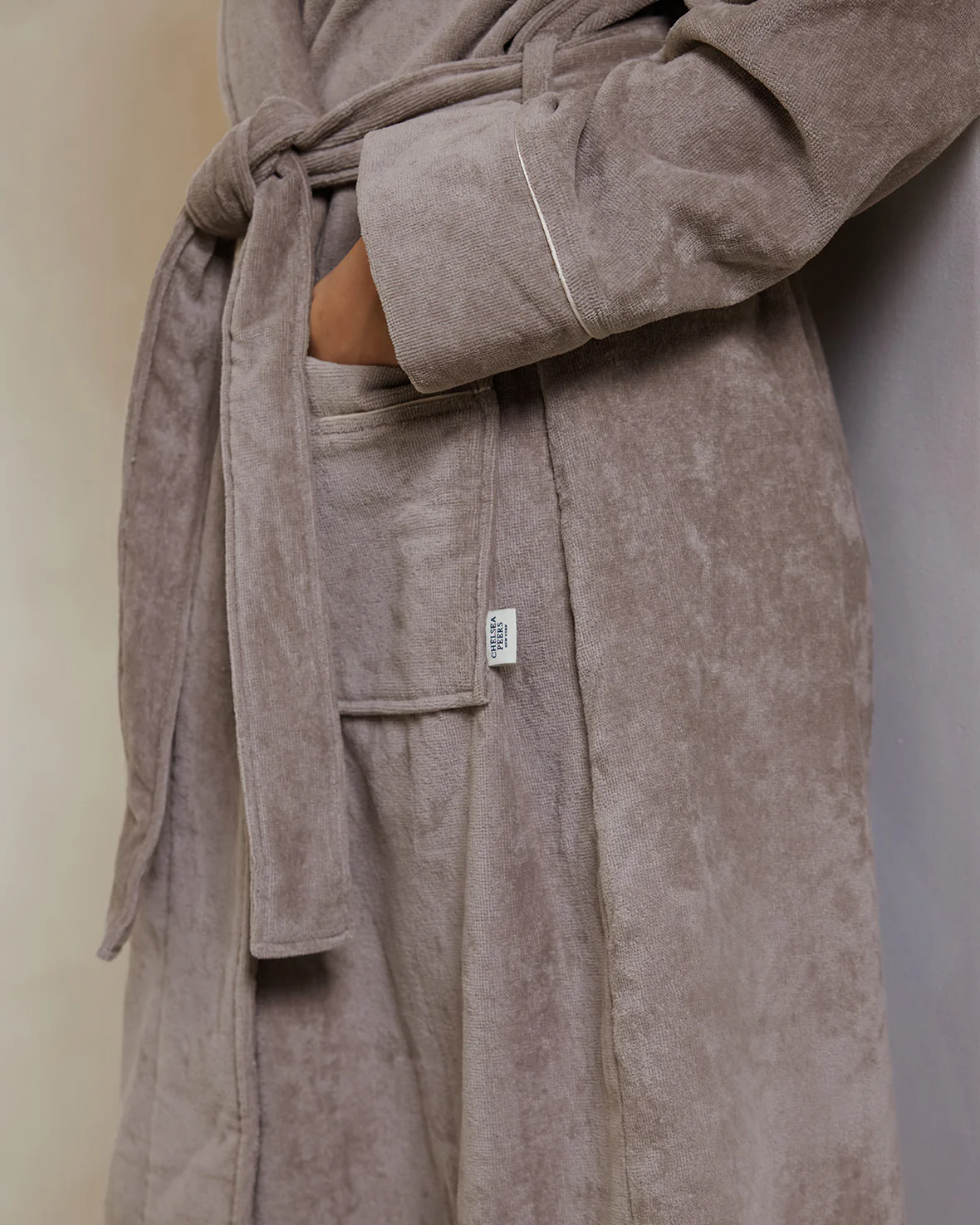 Cotton Towelling Dressing Gown - Grey Beige - Image 4