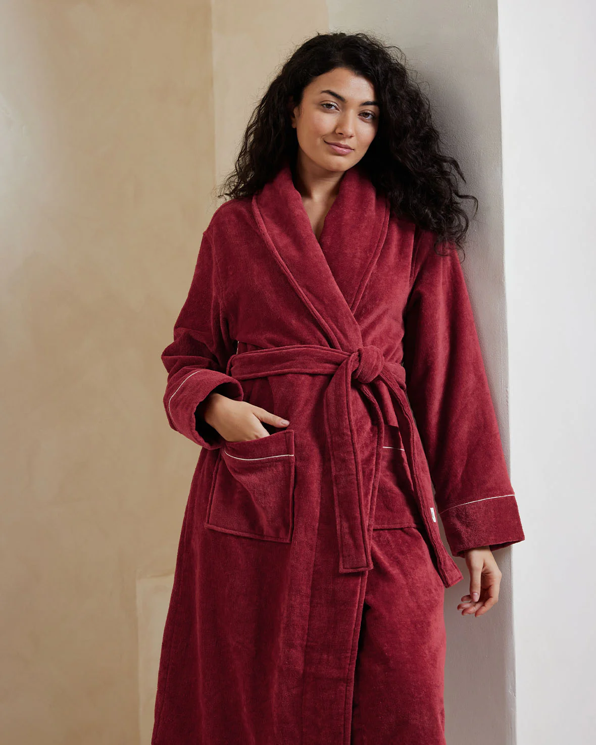 Cotton Towelling Dressing Gown - Red - Image 3