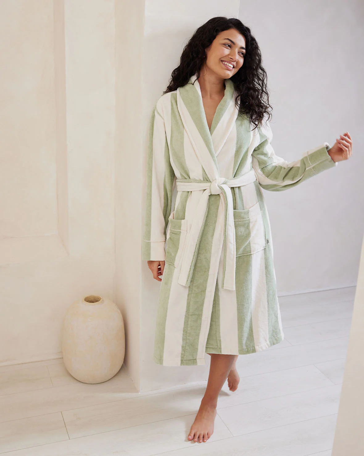 Cotton Towelling Stripe Dressing Gown - Green