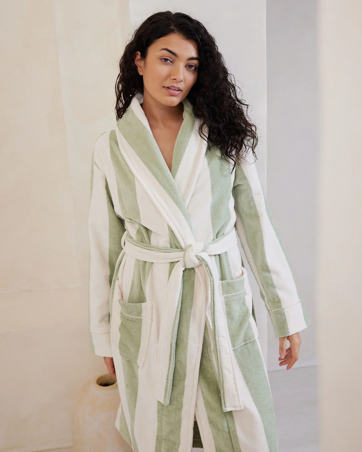 Cotton Towelling Stripe Dressing Gown - Green - Image 2
