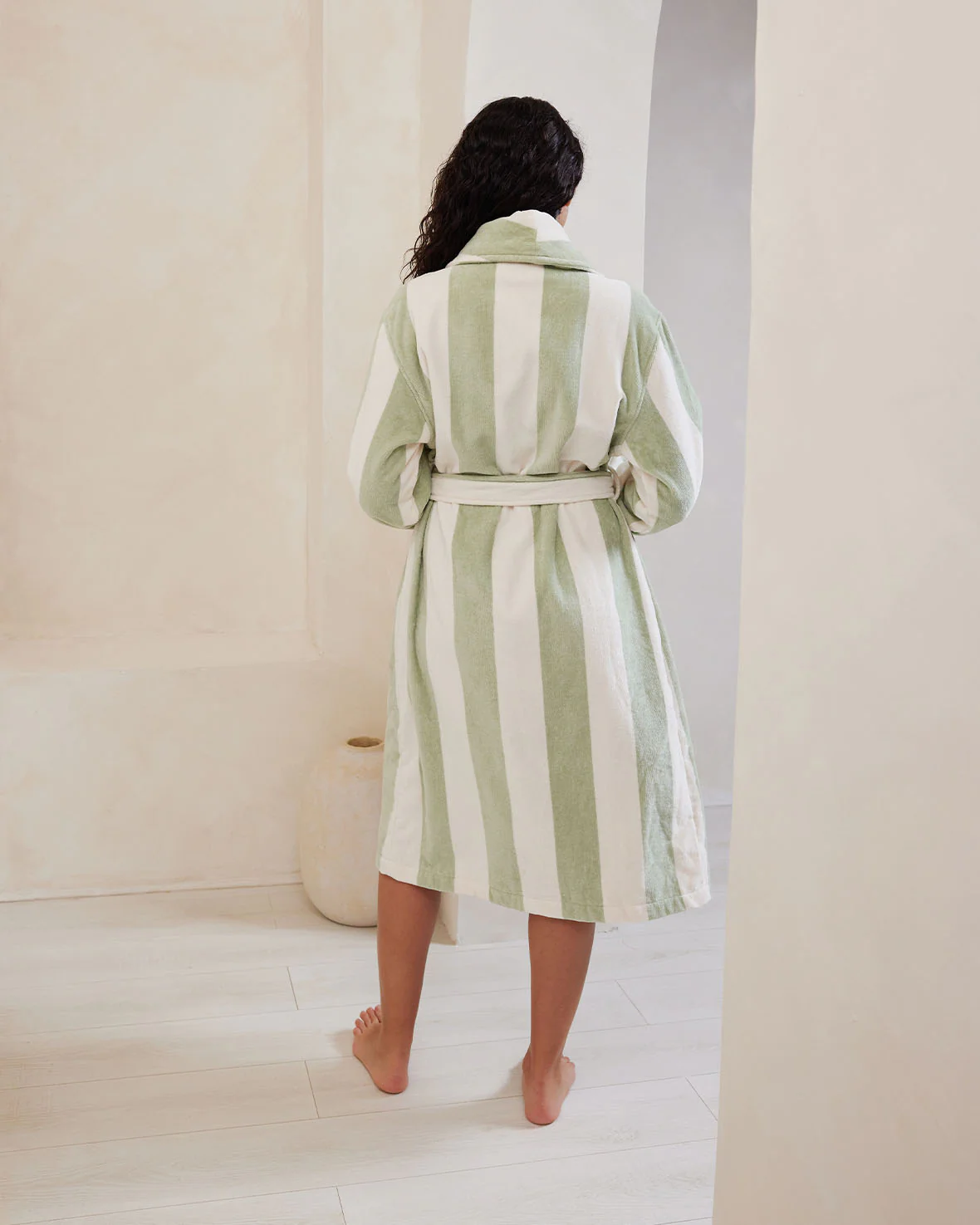 Cotton Towelling Stripe Dressing Gown - Green - Image 5