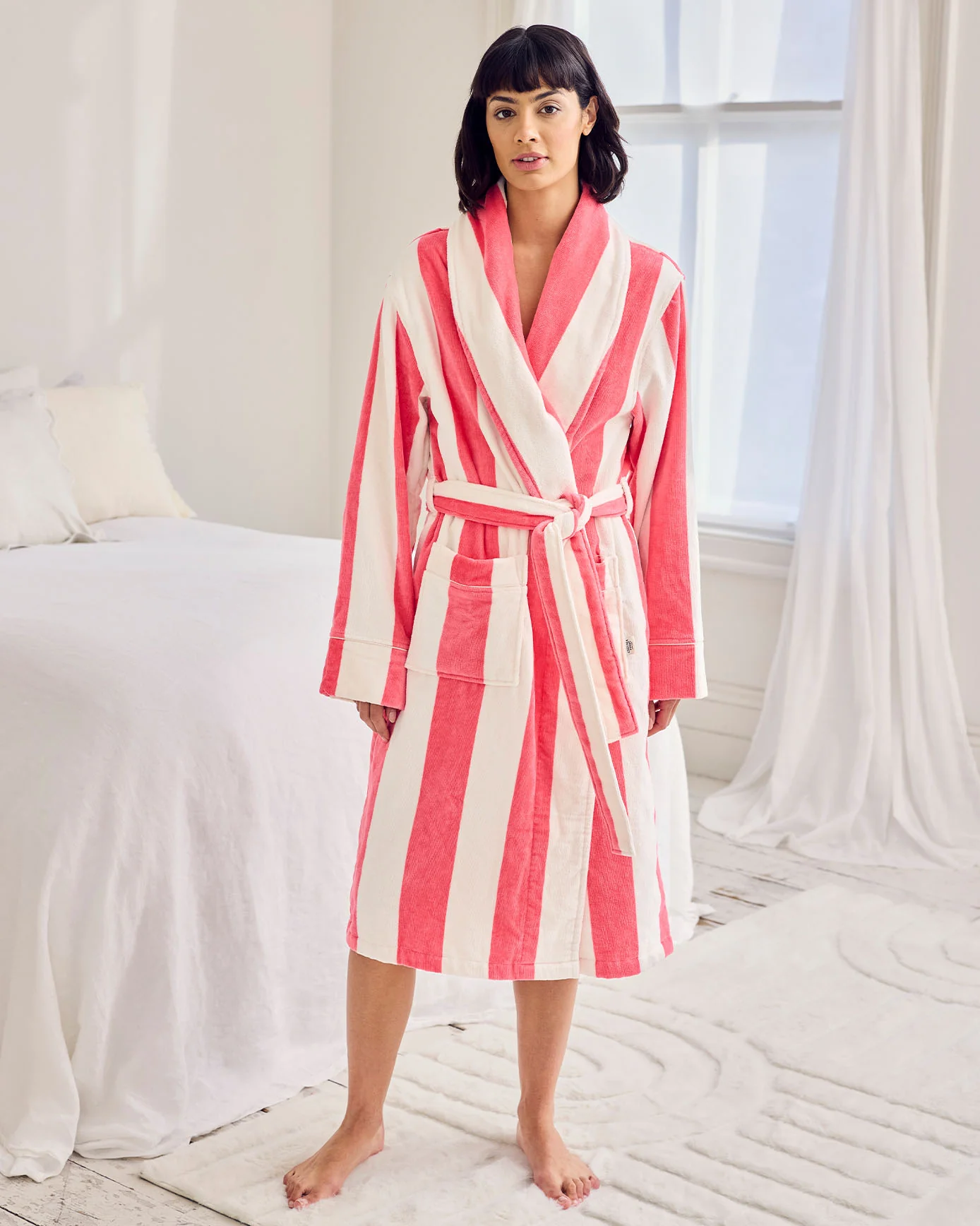 Cotton Towelling Stripe Dressing Gown - Pink