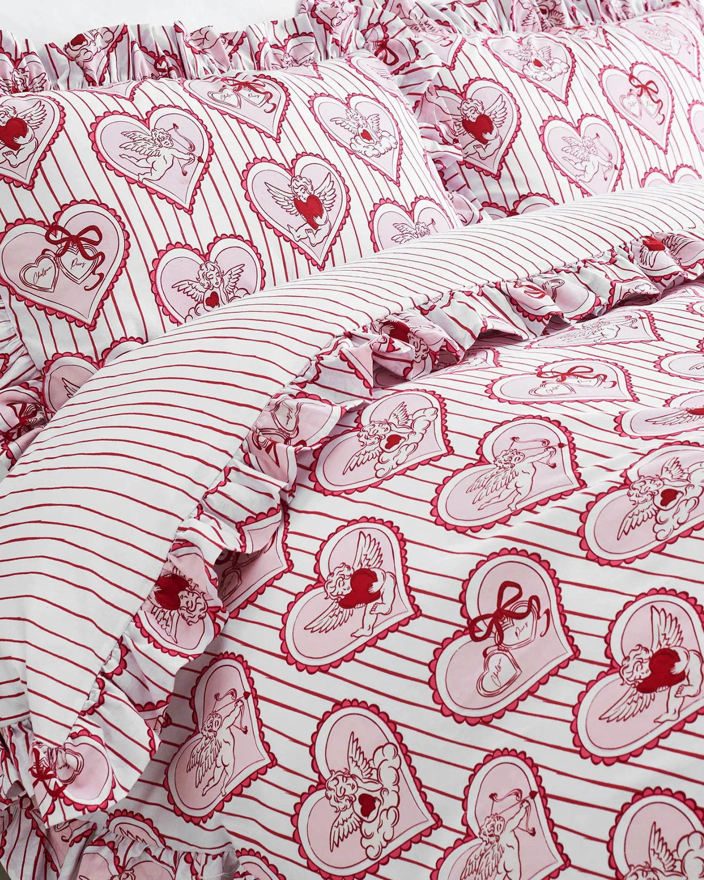 Cotton Cupid Heart / Stripe Print Reversible Frill Bedding Set - Image 2