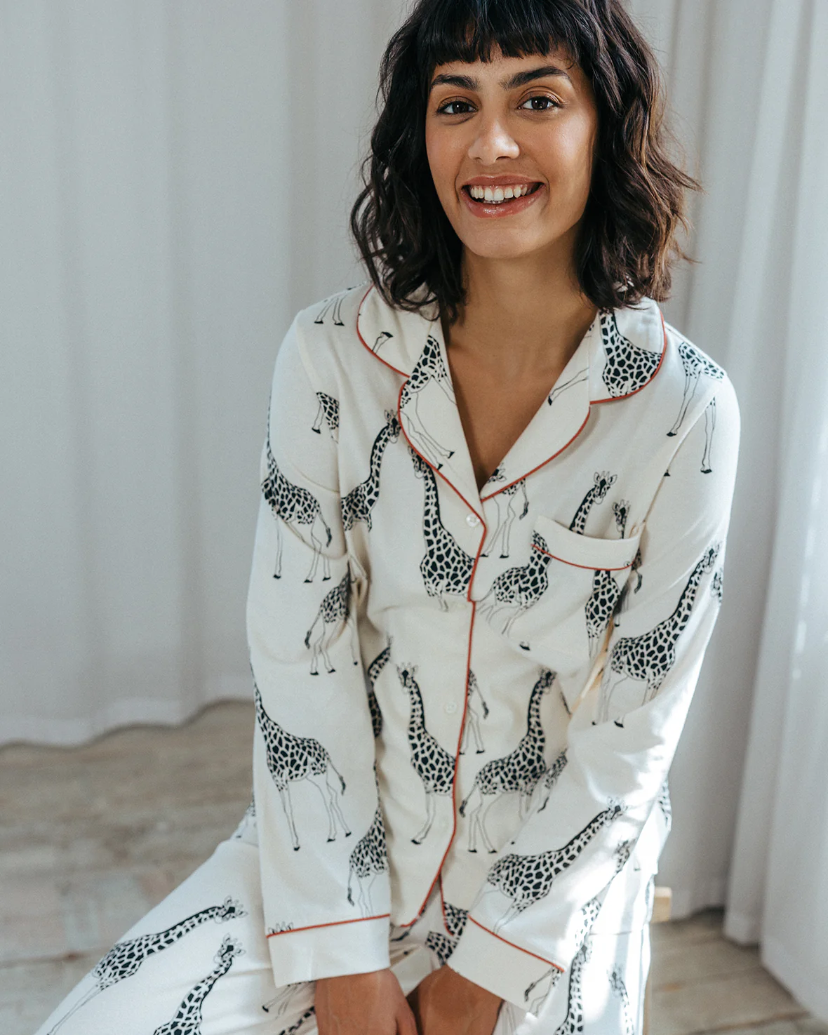 Organic Cotton Giraffe Print Long Pyjama Set - Cream - Image 4