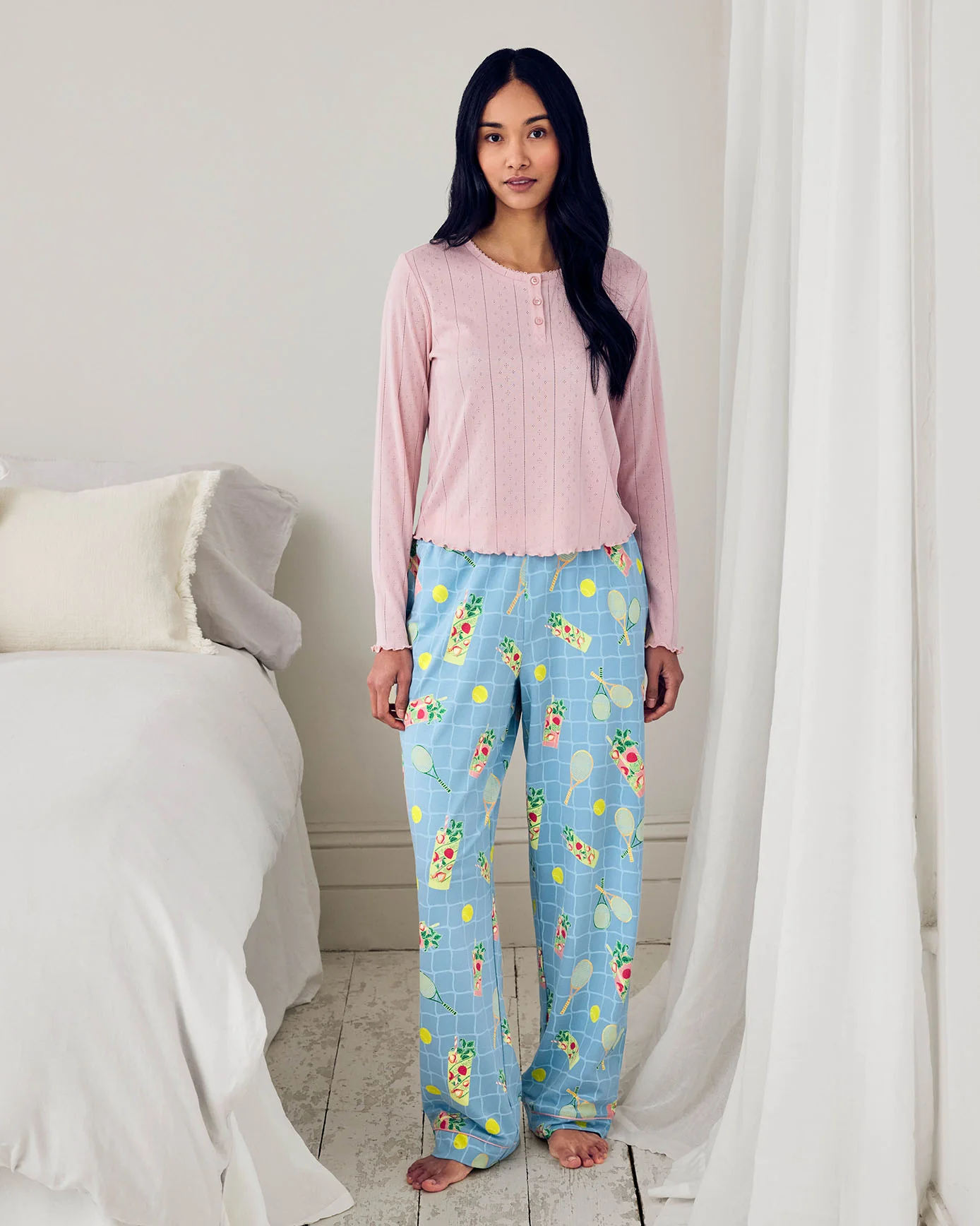 Pointelle & Organic Cotton Tennis & Cocktails Print Long Pyjama Set