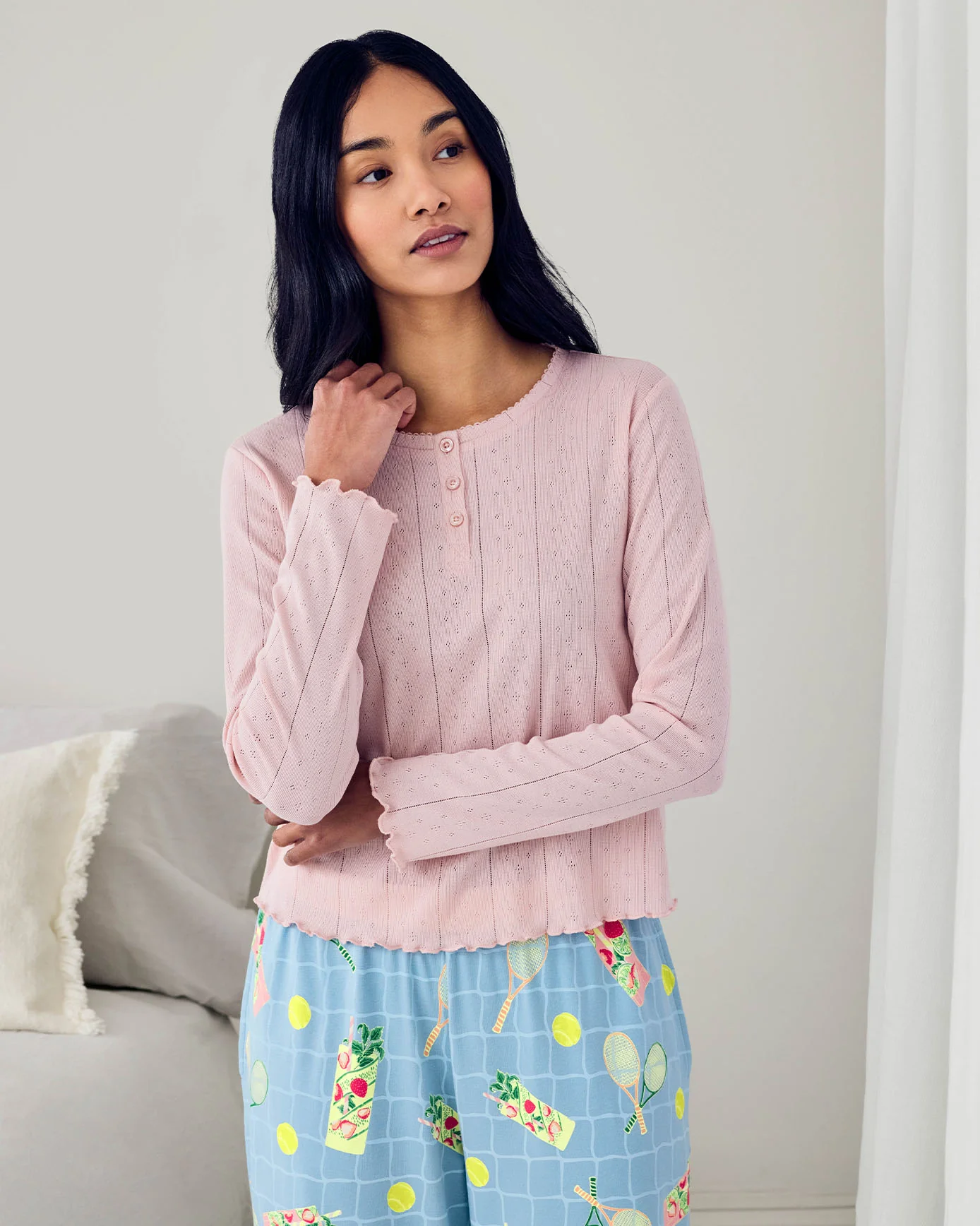 Pointelle & Organic Cotton Tennis & Cocktails Print Long Pyjama Set - Image 2