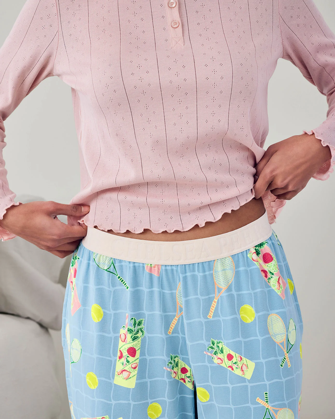 Pointelle & Organic Cotton Tennis & Cocktails Print Long Pyjama Set - Image 3