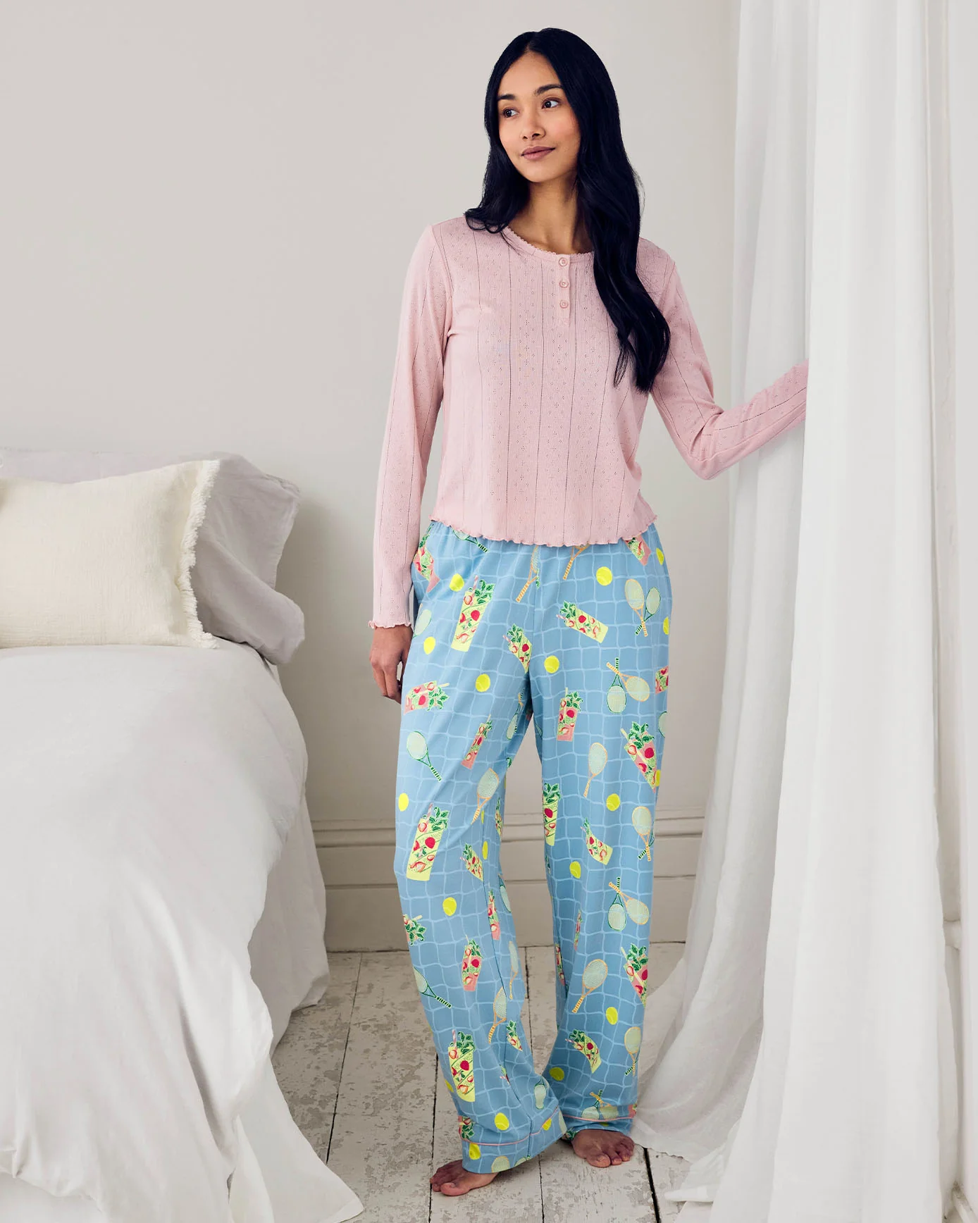 Pointelle & Organic Cotton Tennis & Cocktails Print Long Pyjama Set - Image 5